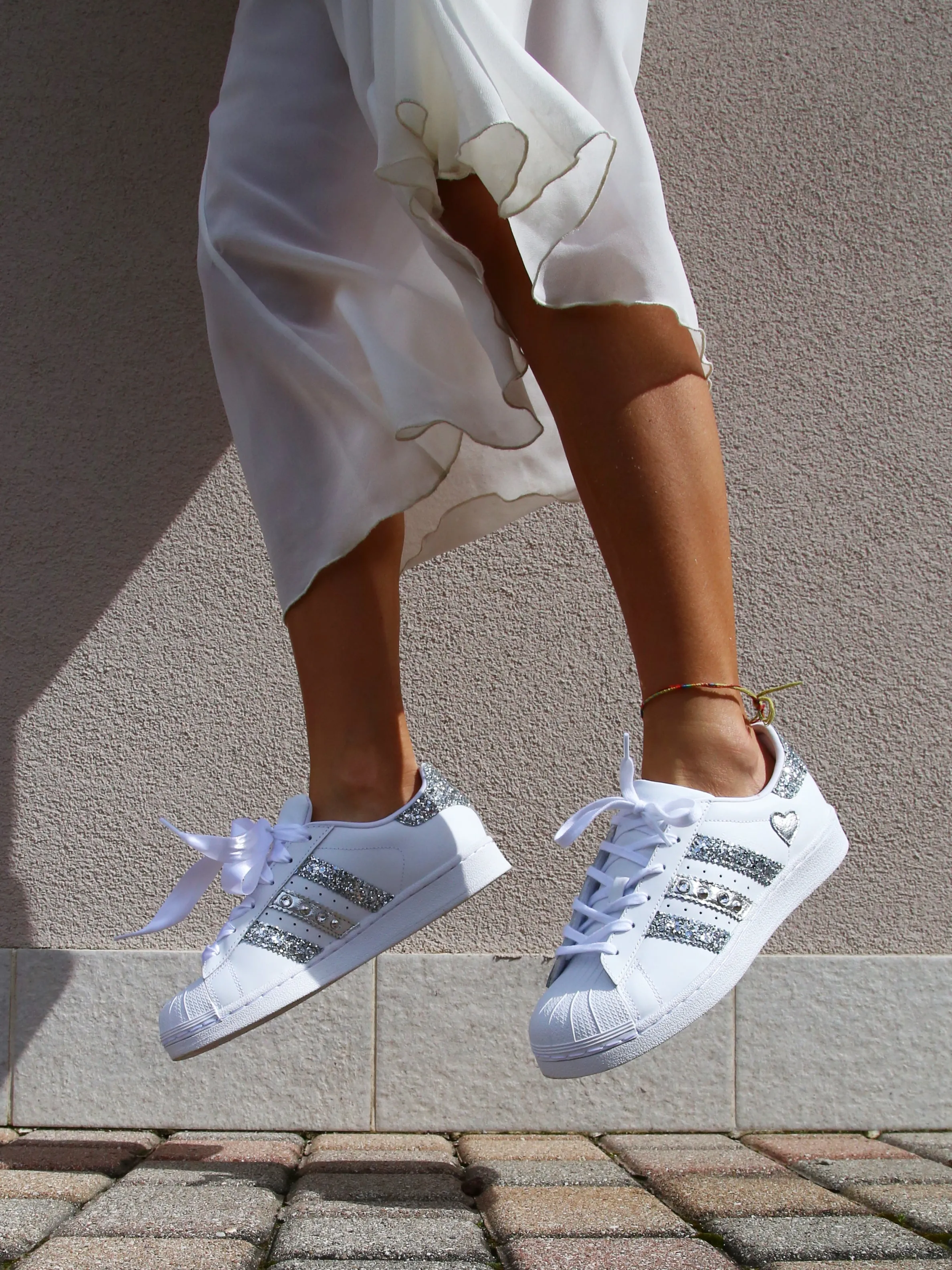 Adidas Superstar Glitter Silver Cuore Strass & Lacci in Raso Current Step River Path