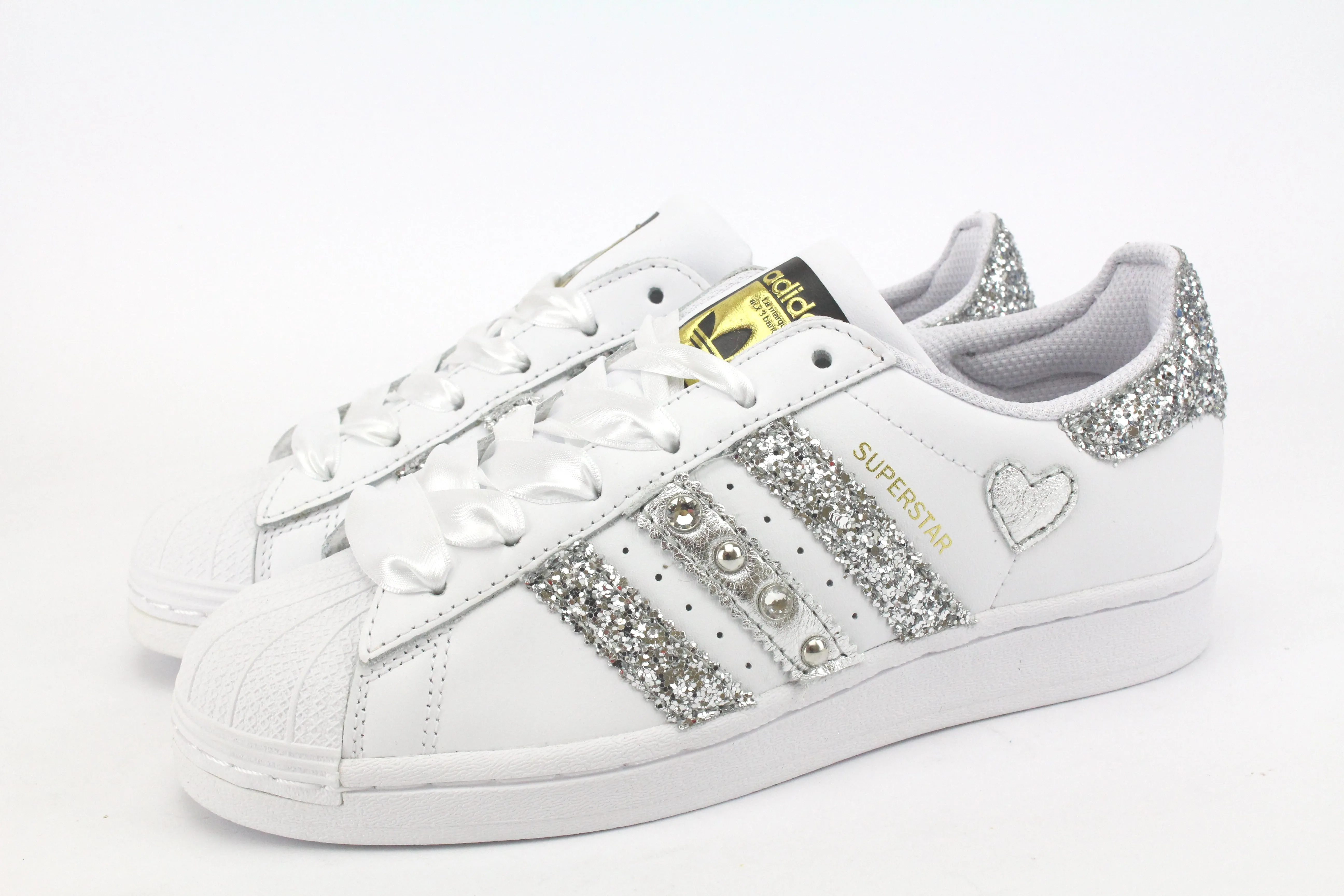 Adidas Superstar Glitter Silver Cuore Strass & Lacci in Raso Comfy Ease