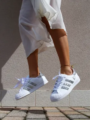 Adidas Superstar Glitter Silver Cuore Strass & Lacci in Raso Current Step River Path