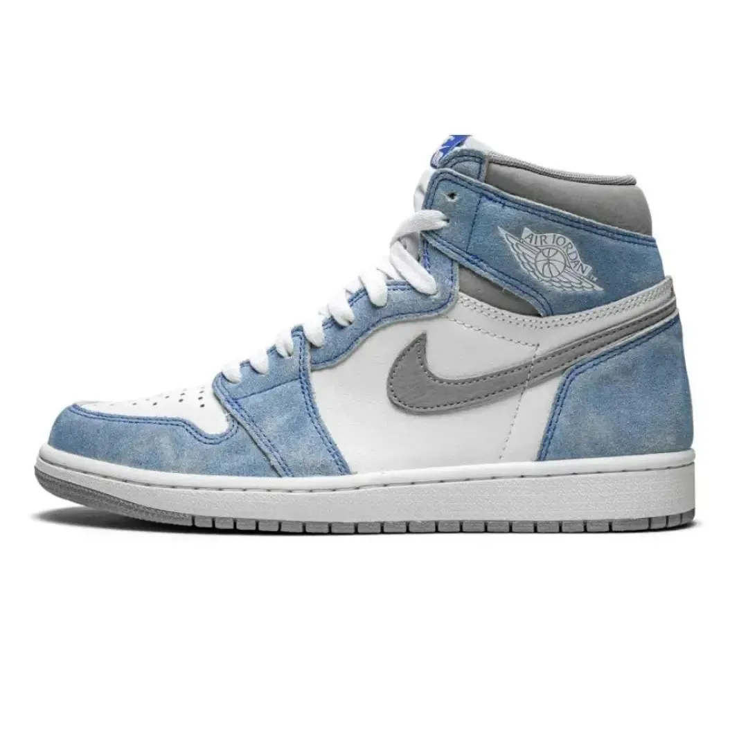 The Air Jordan 1 Retro High OG Hyper Royal takes on a weathered aesthetic, highlighted by a white leather upper with faded blue suede overlays. Contrasting neutral grey hits land on the Swoosh and padded collar, adding to the sneakers understated palette, 