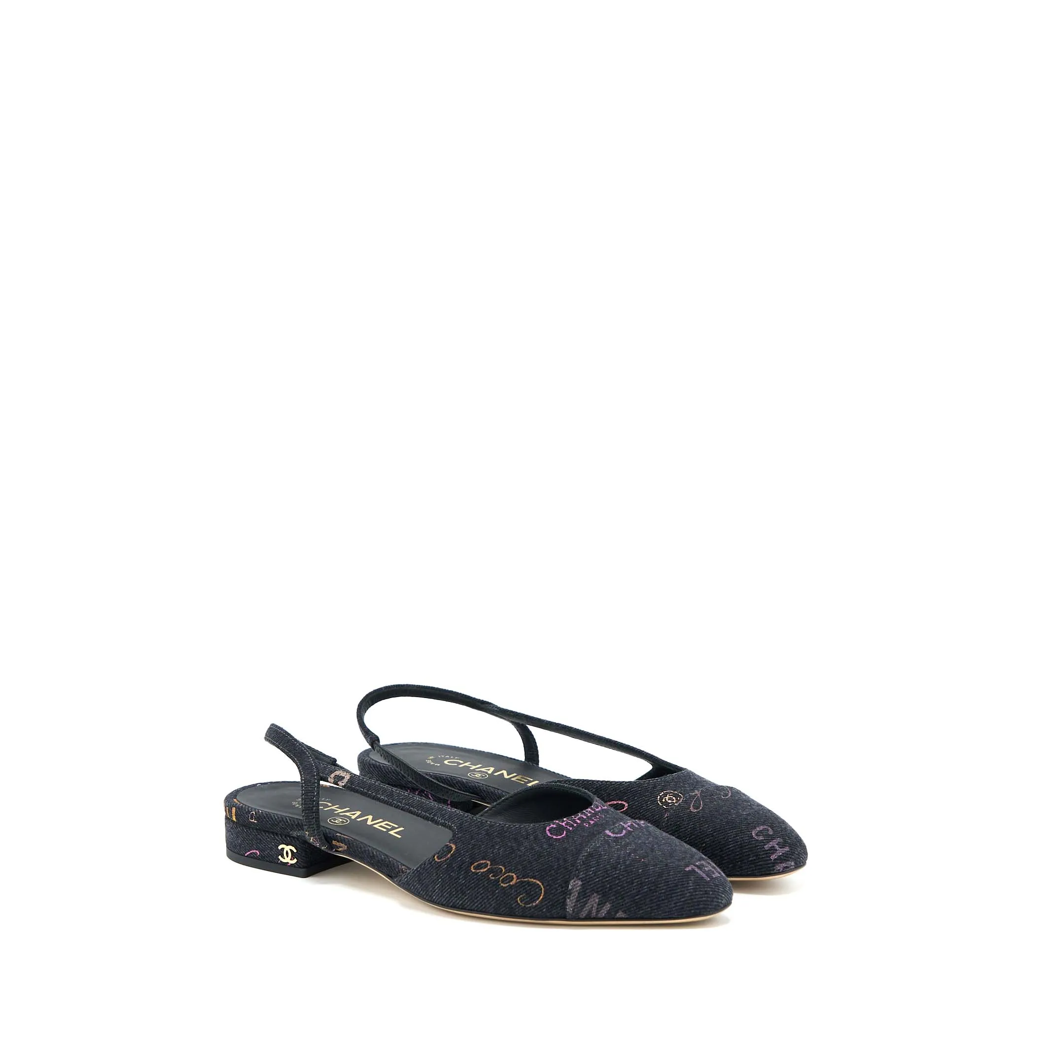 Airy-Step Chanel Size 36.5C Sling Back Flap Shoes Denim/ Leather Black