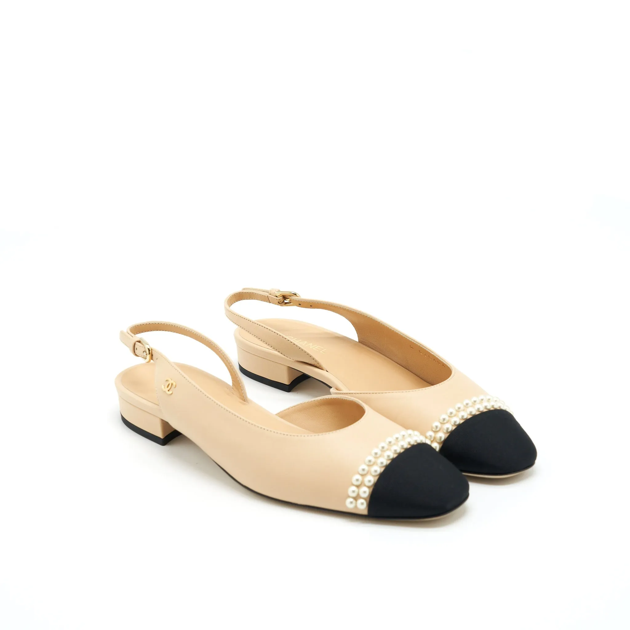 All Day Flex Chanel 38.5C Slingback Flats Beige With Pearls