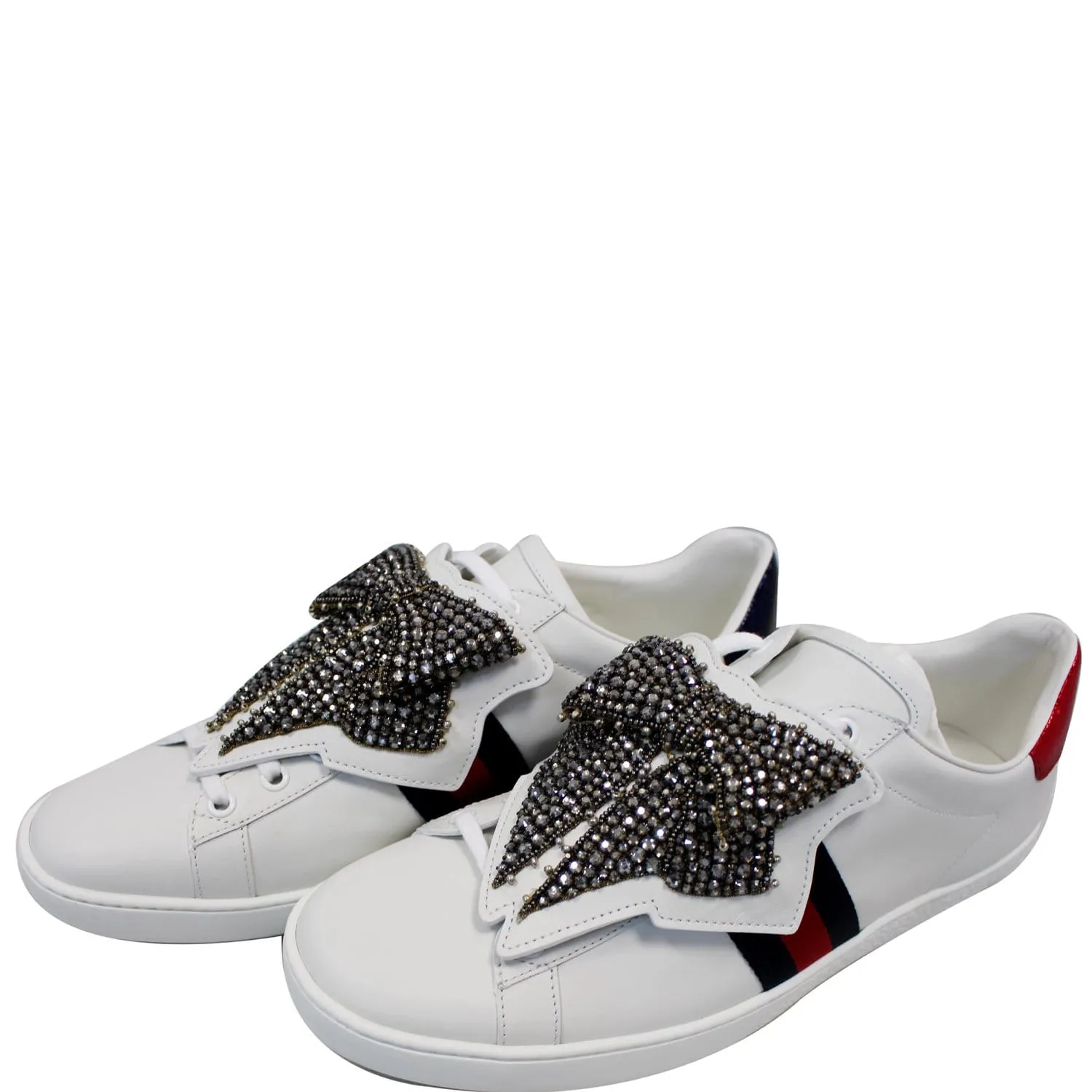 All Walk Ready GUCCI Ace Low Top Crystal Bow Patches Sneakers White 481154 US 12