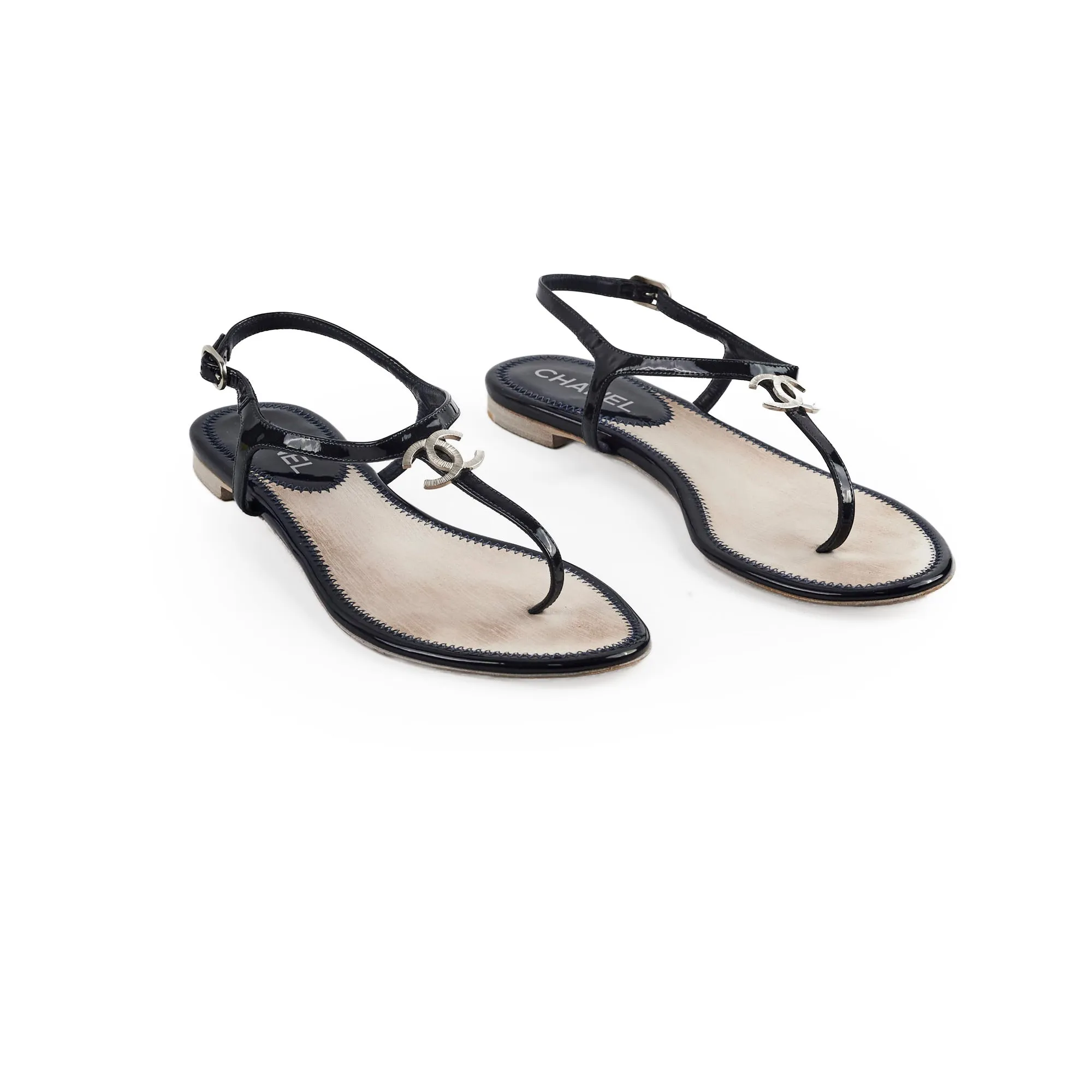 Anatomically Shaped Chanel Patent Leather Sandal Navy Blue