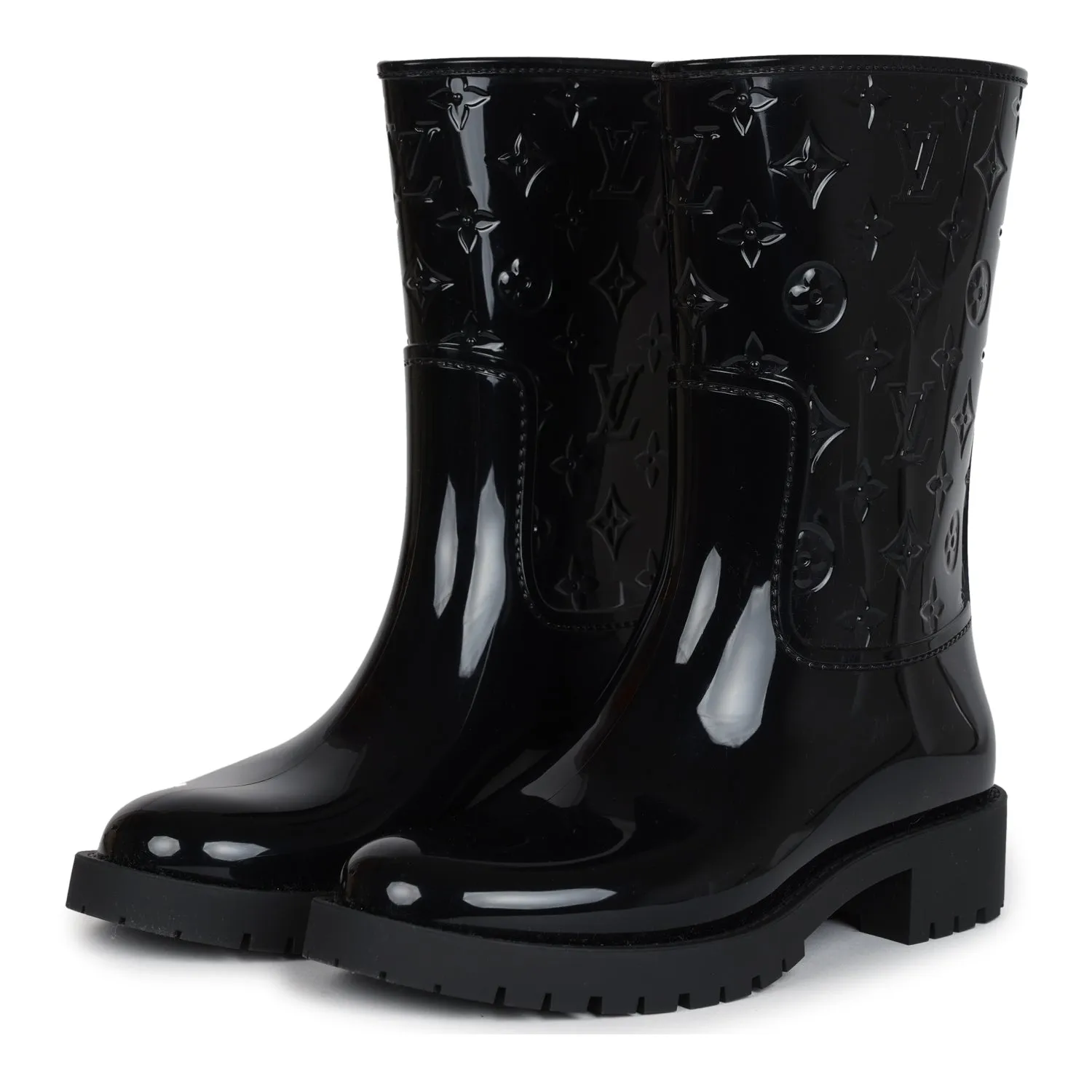 Anti Puncture Louis Vuitton Drops Flat Half Boots Black Monogram Rubber 37 EU