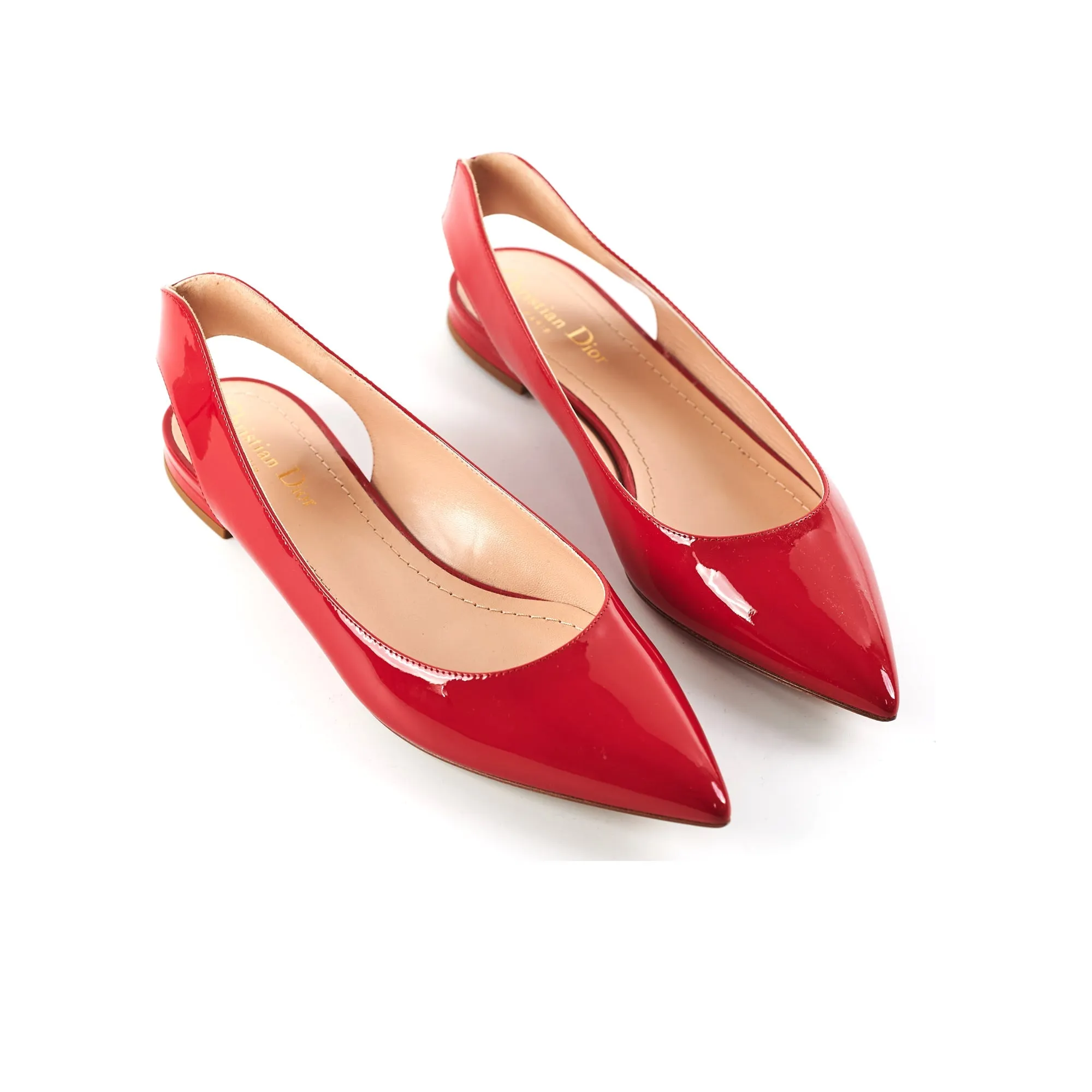 Bold-Tone Dior Patent Pointed Slingback Flat Shoes Red 38