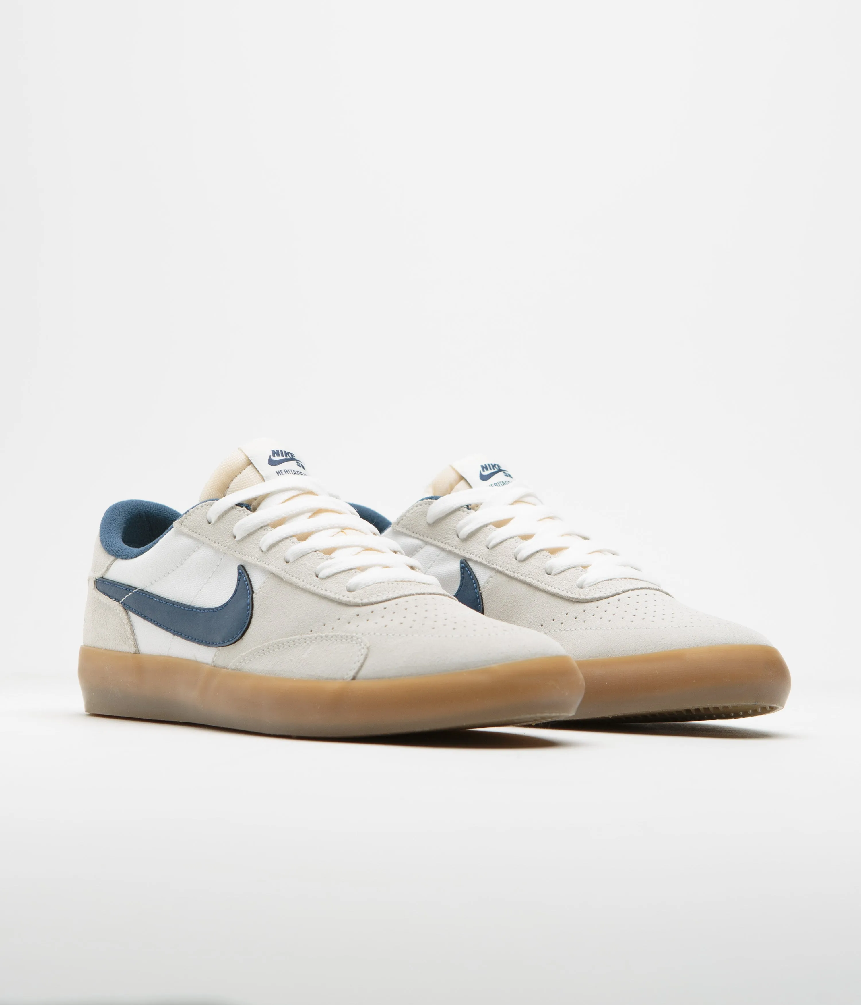 Nike SB Heritage Vulc Shoes in Summit White and Navy and White - Gum Light Brown