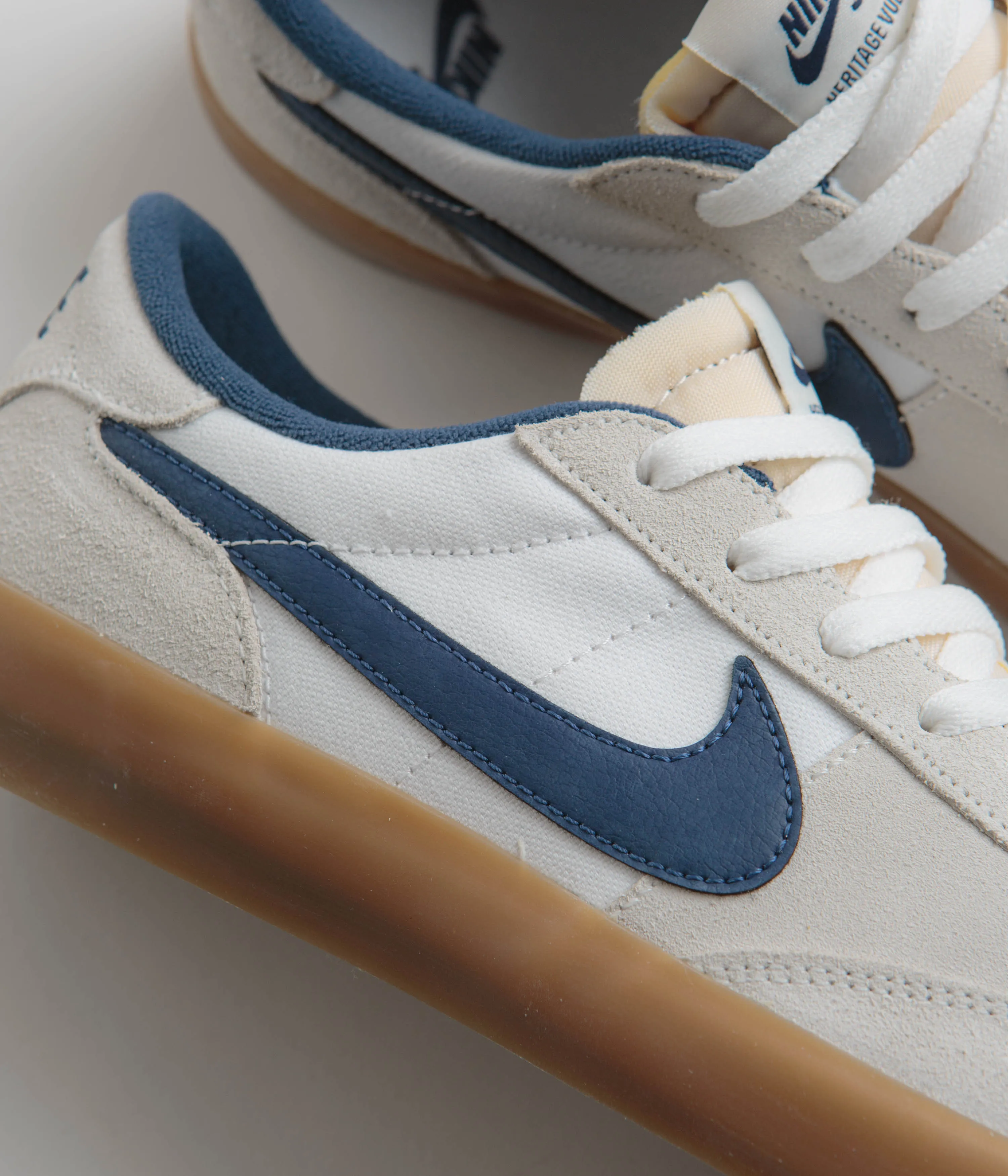 Nike SB Heritage Vulc Shoes in Summit White and Navy and White - Gum Light Brown
