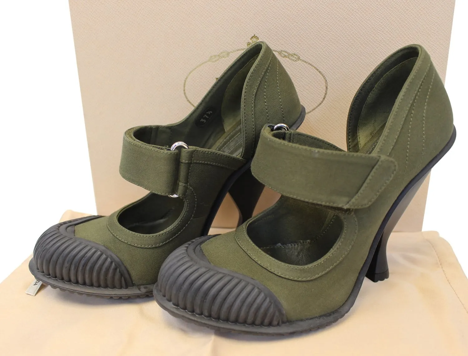 Buckle Heels Prada Nos Militare Gabardine Velcro Mary Jane Rubber Cap Toe/Heel Pumps