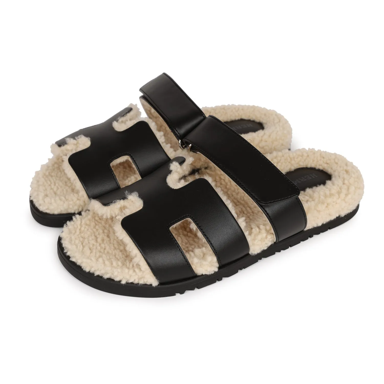 Casual Comfort Hermes Chypre Techno Sandals Black and Ecru Shearling Palladium Hardware 37