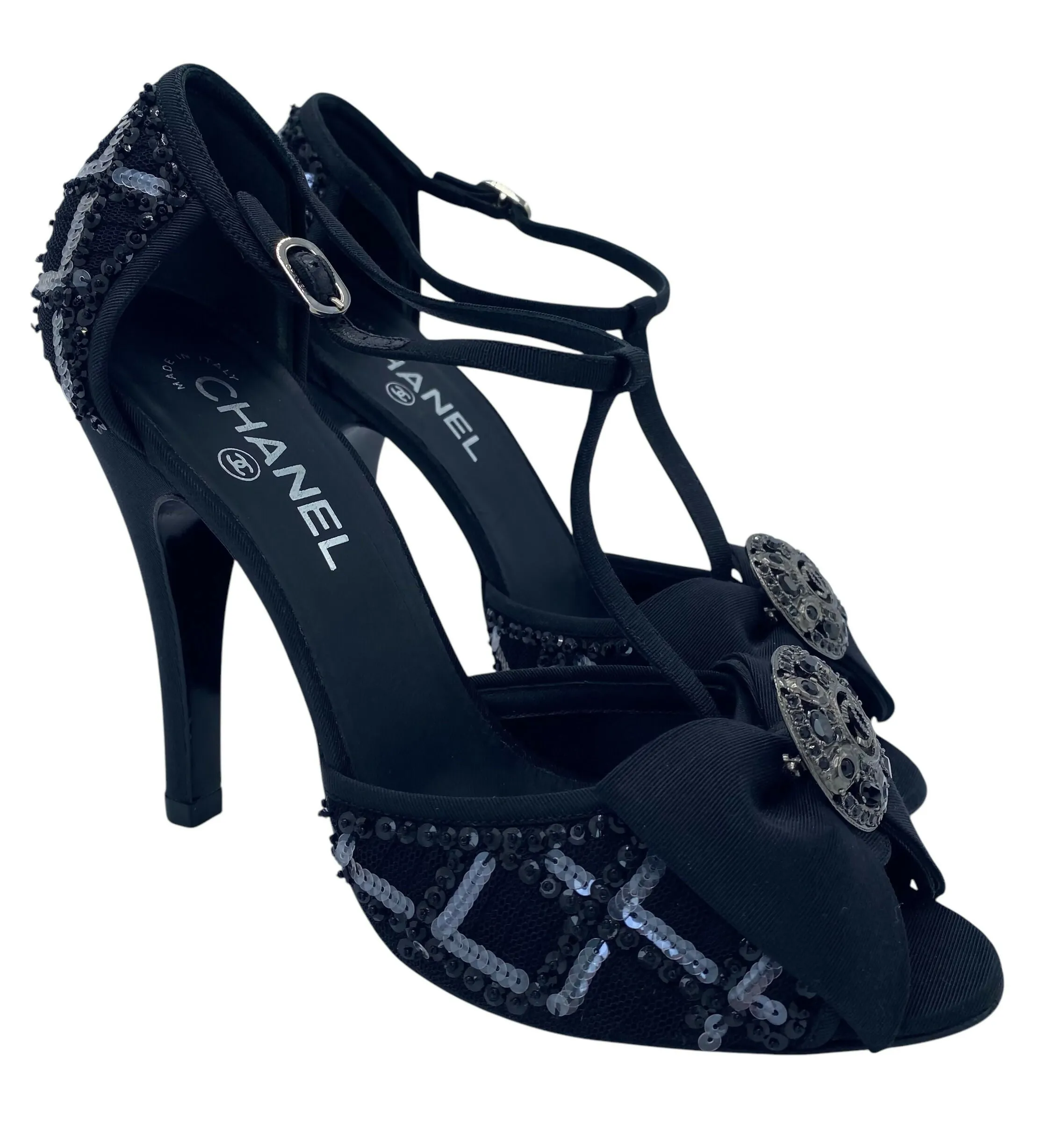 Chanel 09P Runway Black Sequin Bow CC Brooch Strap Heels Sandals EU 40 Travel Heels