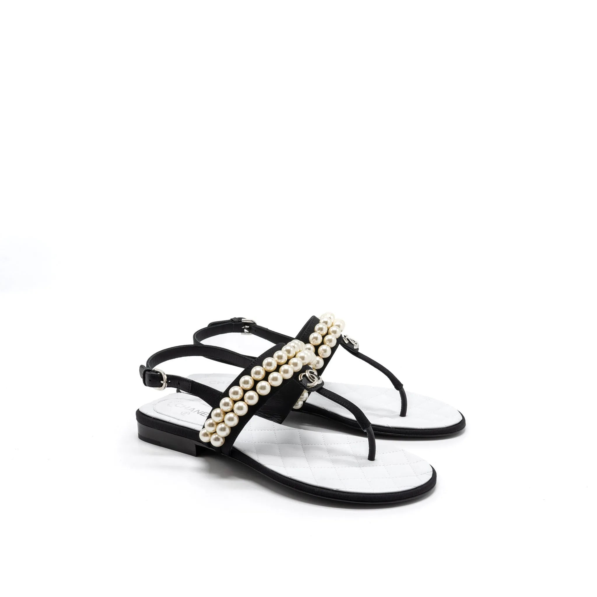 Chanel 22B Size 36 Flip Flops Sandals Pearl Leather/Fabric Black Flat Comfort