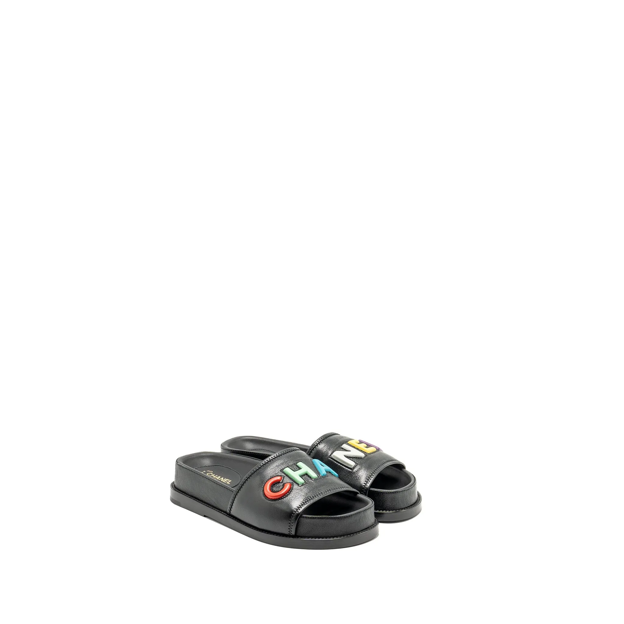 Chanel 22s Size 37 Sandals/Mules Lambskin Black Multicolour Elegant Evening Heels