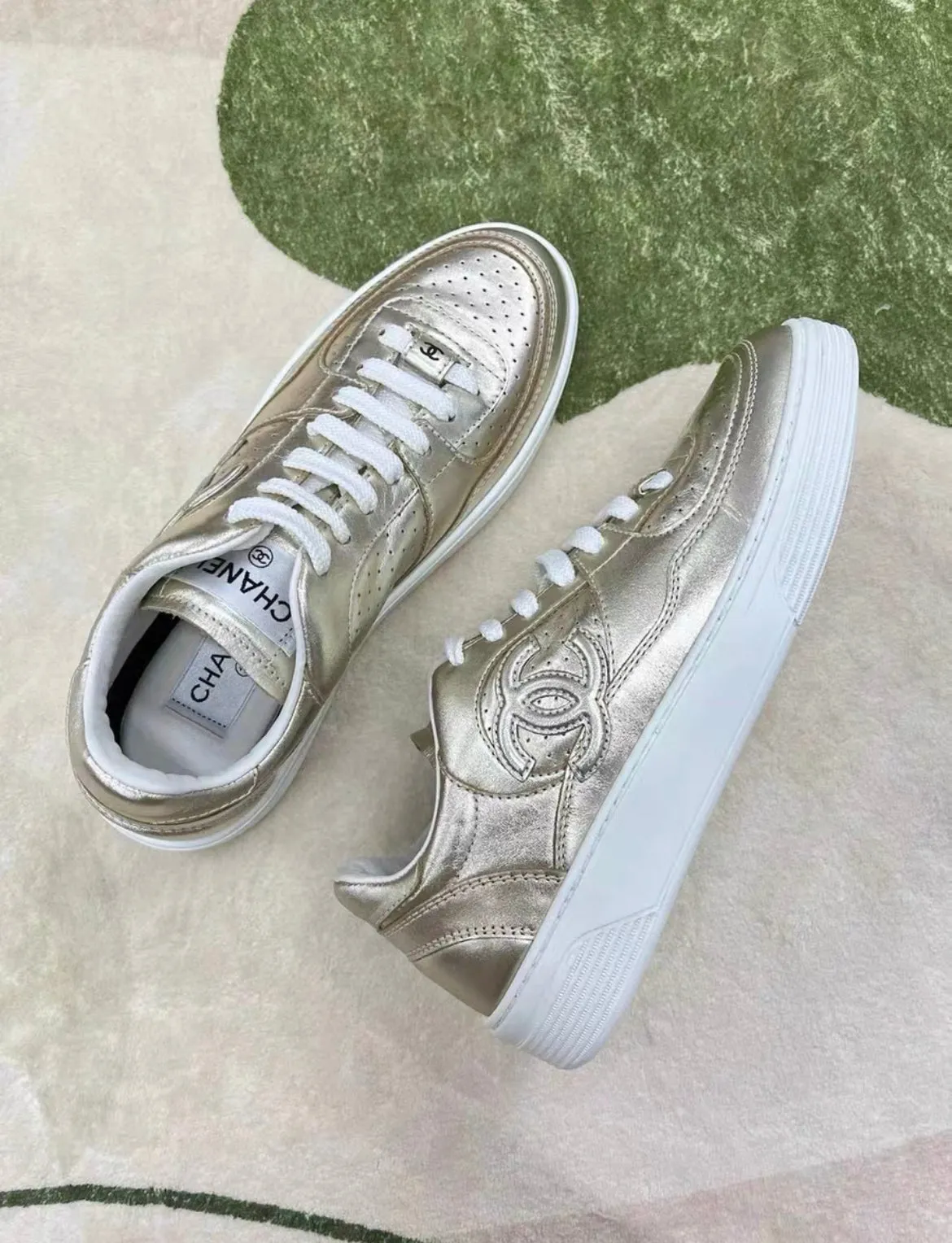 CHANEL 24C CC LEATHER SNEAKERS 38 GOLD Adaptive Style