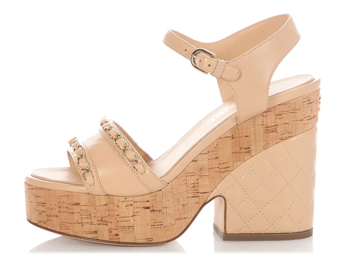 Chanel Beige Lambskin and Chain Cork Platform Sandals Luxury Sandals
