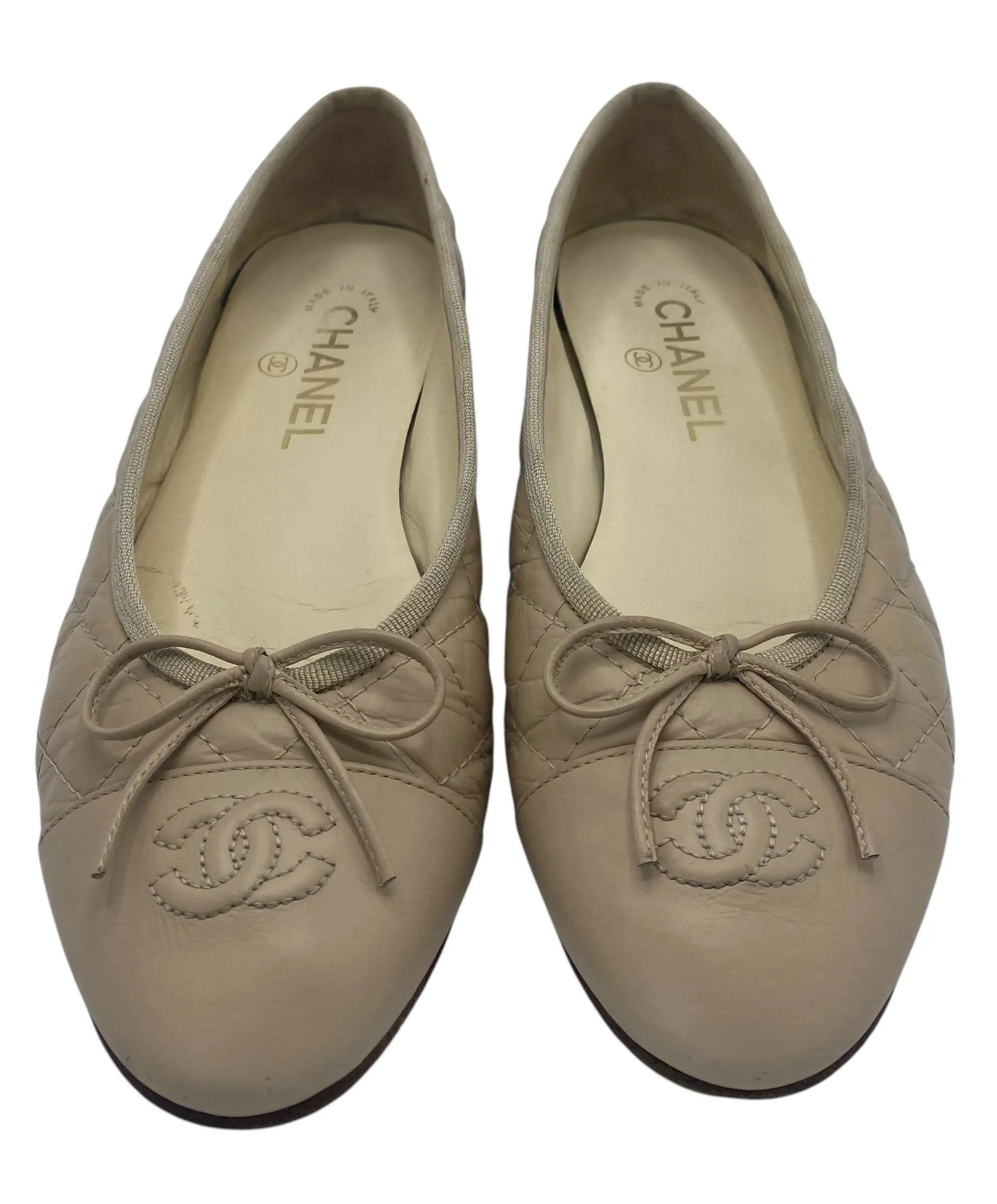 Chanel Beige Quilted Leather CC Bow Ballet Flats EU 38.5 Multi Purpose