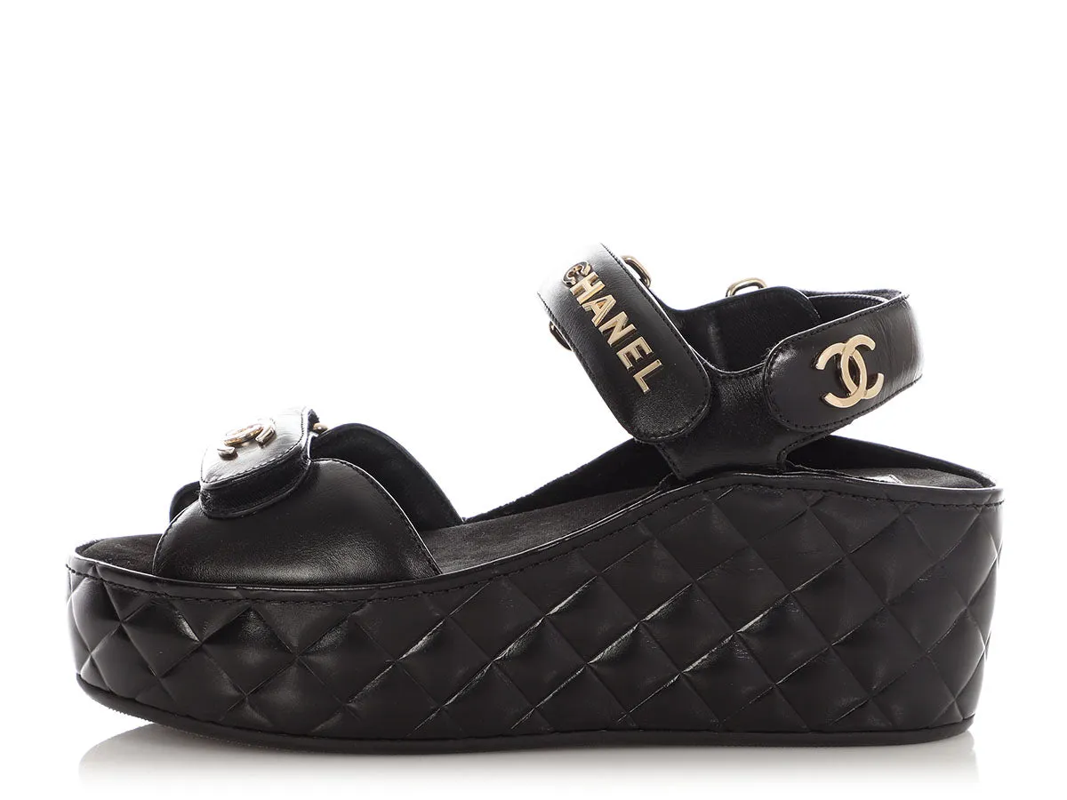 Chanel Black Quilted Velcro Strap Wedge Sandals High-Quality Material