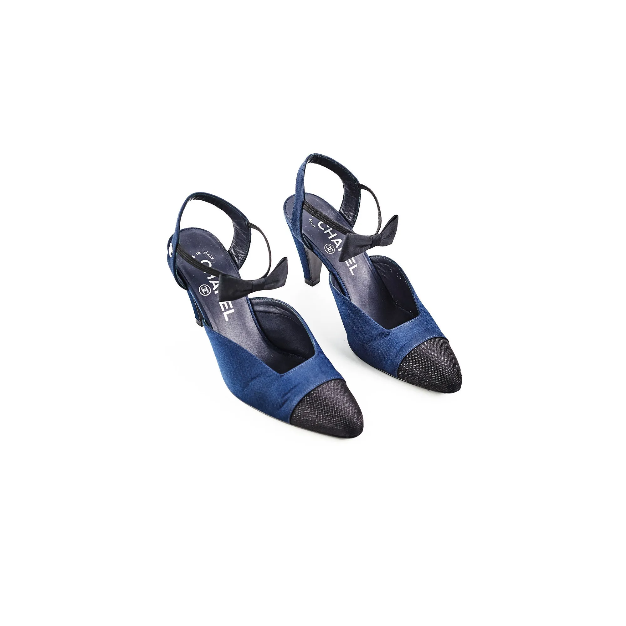 Chanel Bowtie Slingback Heels Navy Cool Wedges