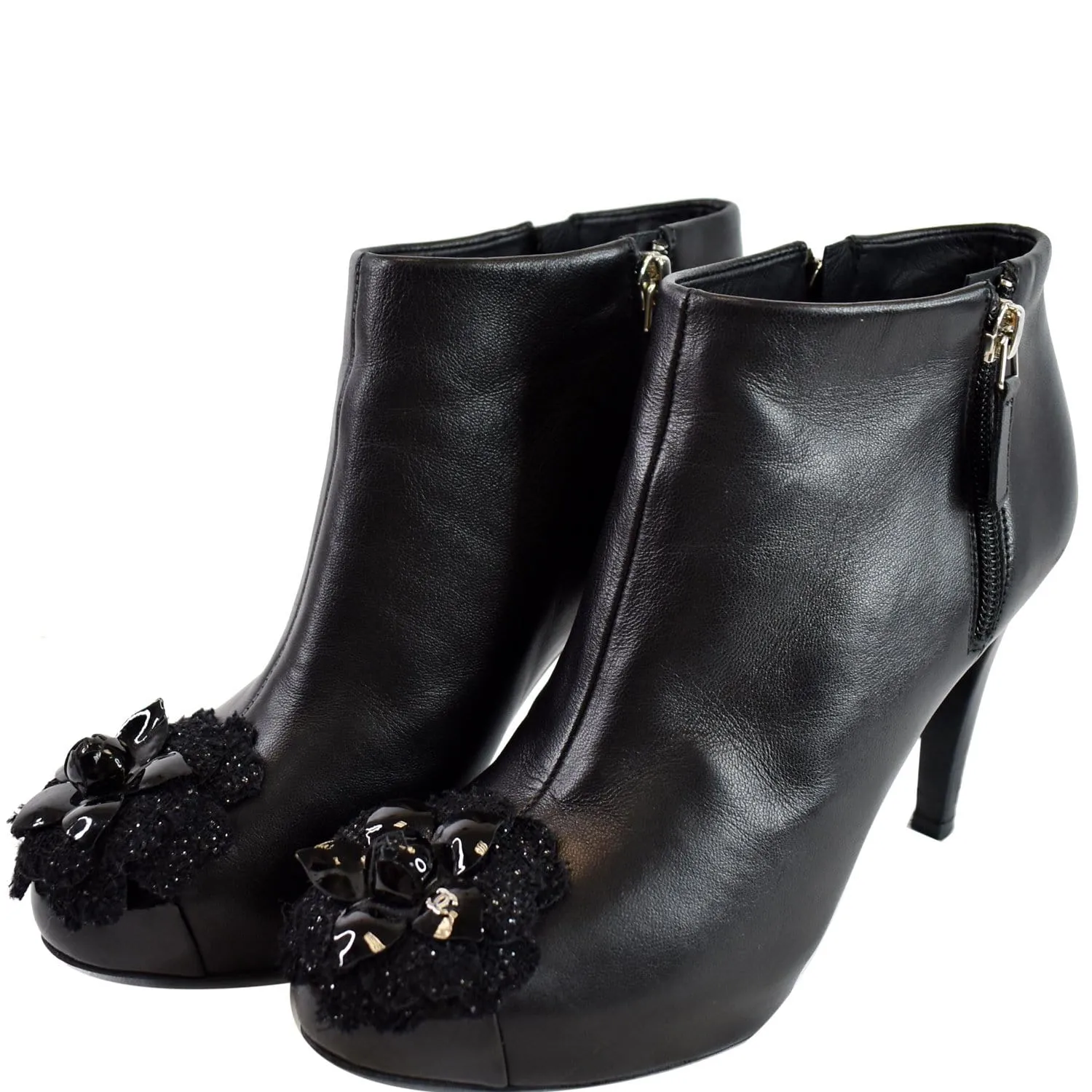 CHANEL Camellia Front Ankle Leather Heel Boots Black US 7.5 Long lasting comfort