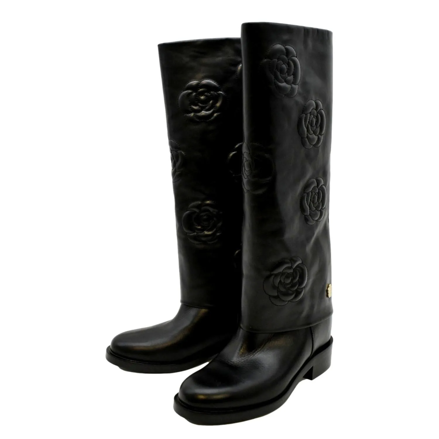 CHANEL Camellia Leather Boot Black Size 39.5 Prime Lock