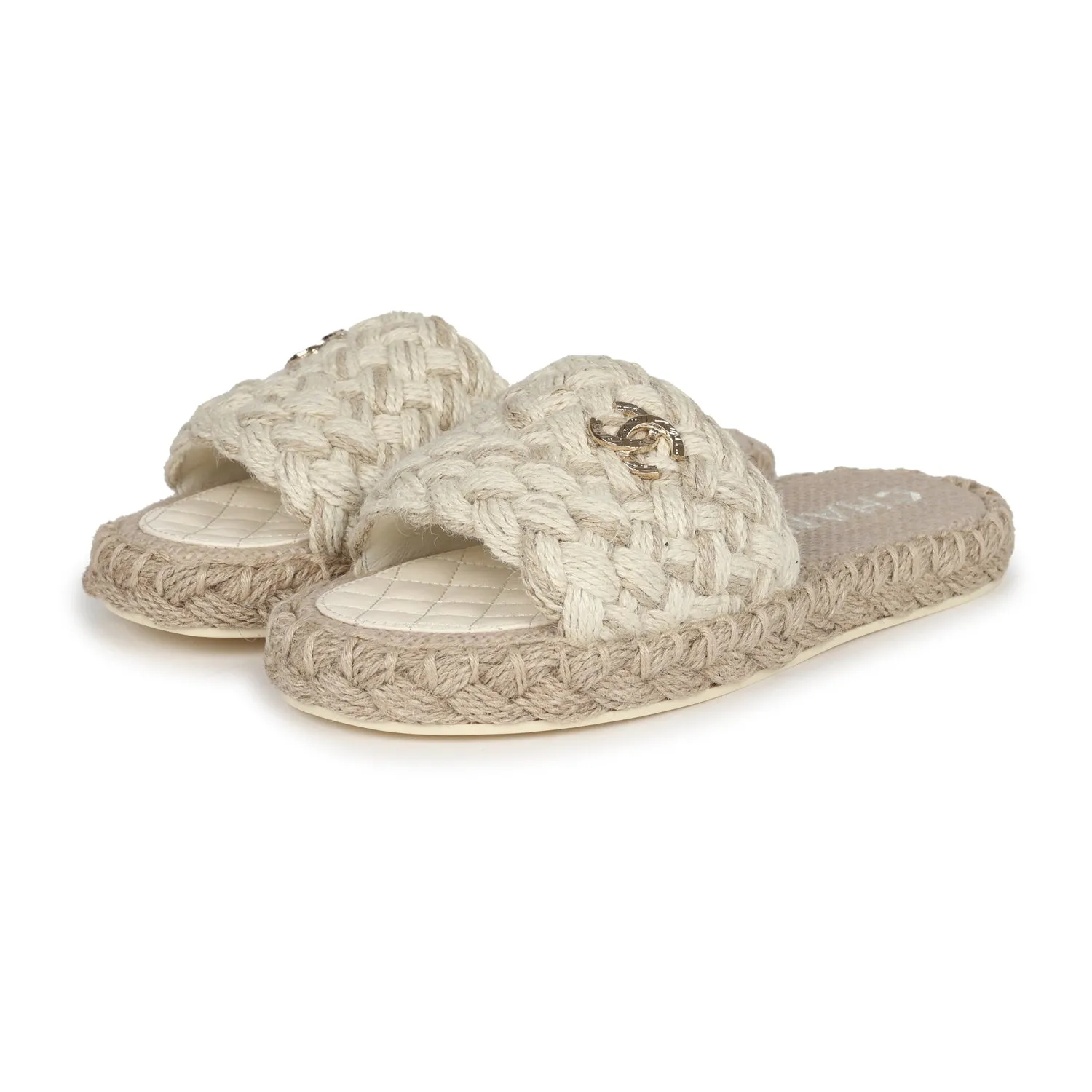Chanel CC Braided Knit Interlocking Slide Sandals Cream Gold Hardware 37 EU Open Style