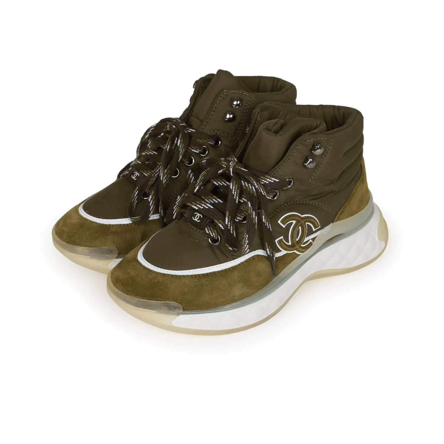 Chanel CC Hightop Winter Sneakers Olive Green Nylon and Suede 35 Flattering Fit