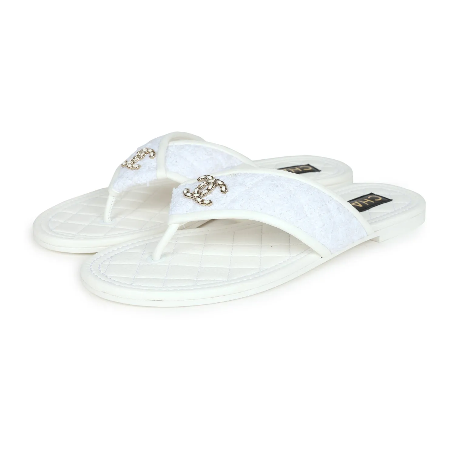 Chanel CC Logo Thong Sandals White Lambskin & Tweed 38 EU Gold Hardware Classic Heeled Sandals
