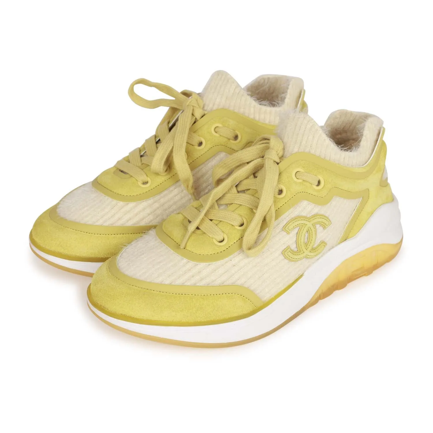 Chanel CC Lowtop Sneakers Off-White Knit and Light Green Suede 35 Adaptive Walk Flow