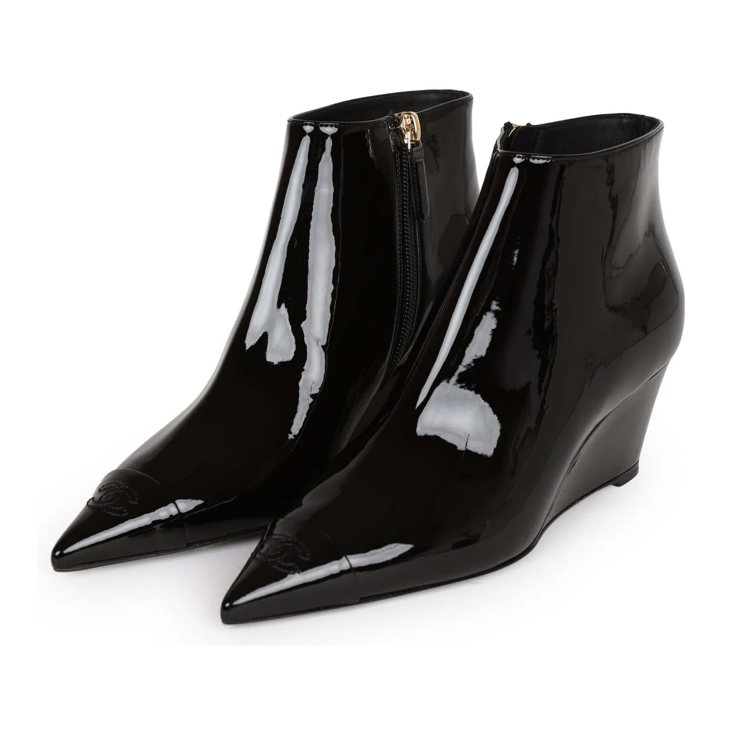 Chanel CC Wedge Ankle Boots Black Patent Leather 36.5 Grip Hero Pro