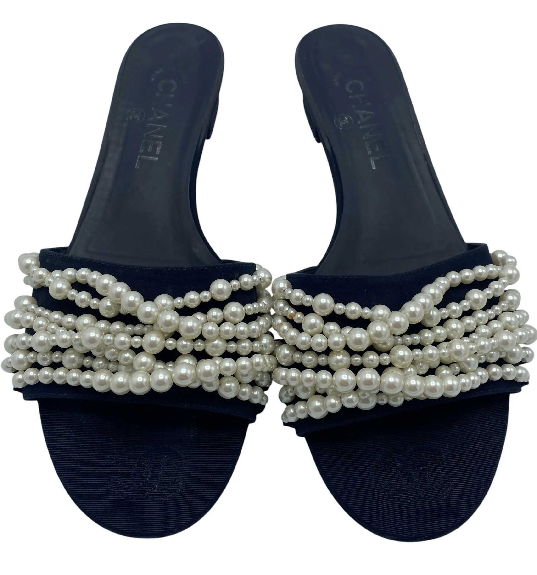 Chanel Classic Black White Pearl Slides Flats Sandals EU 39 Cozy Fit