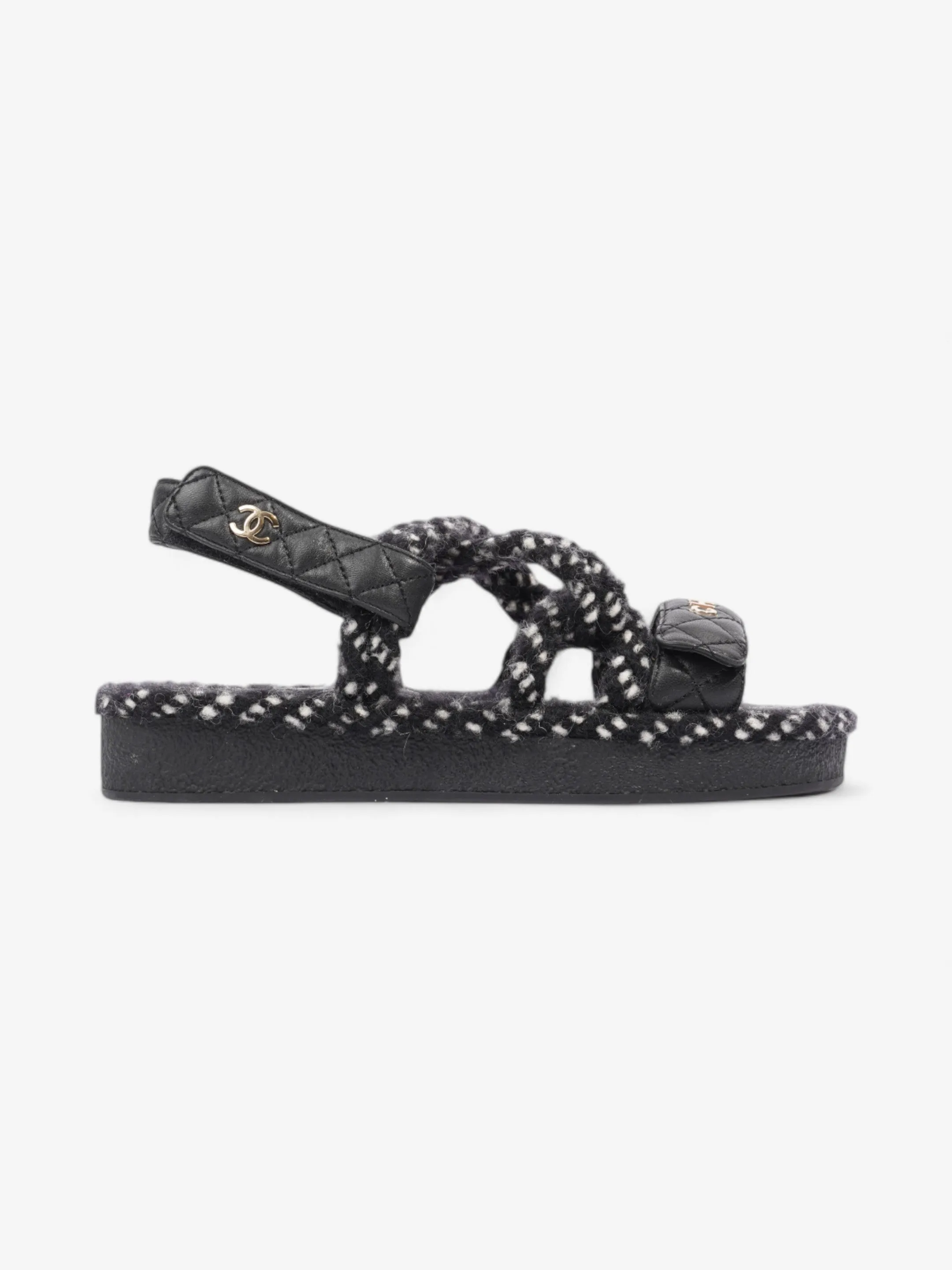 Chanel Cord Logo Sandals Black / White / Gold Lambskin Leather EU 36 UK 3 Dress Sandals