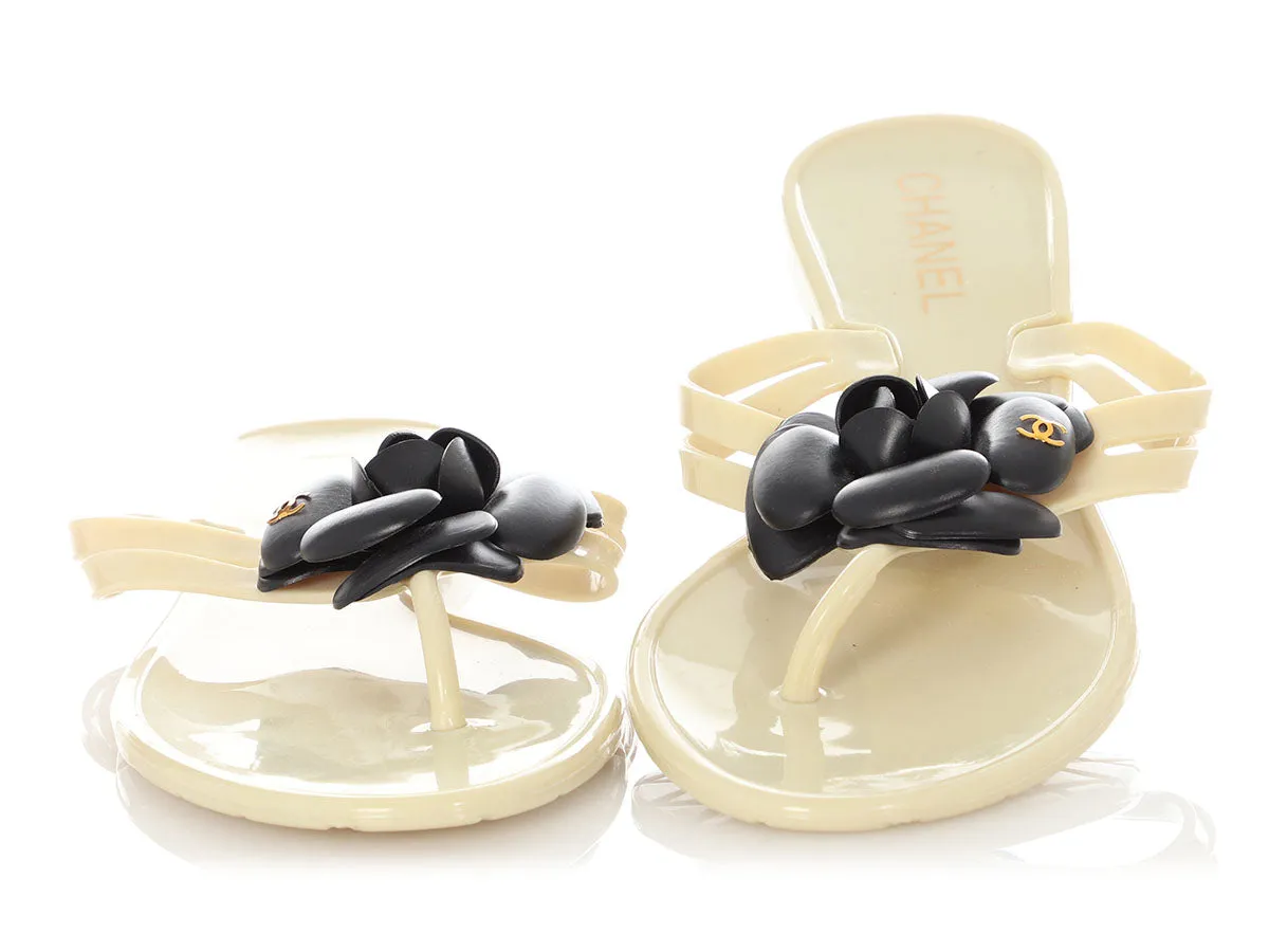 Chanel Cream Jelly Camellia Flower Thong Sandals Adjustable loop