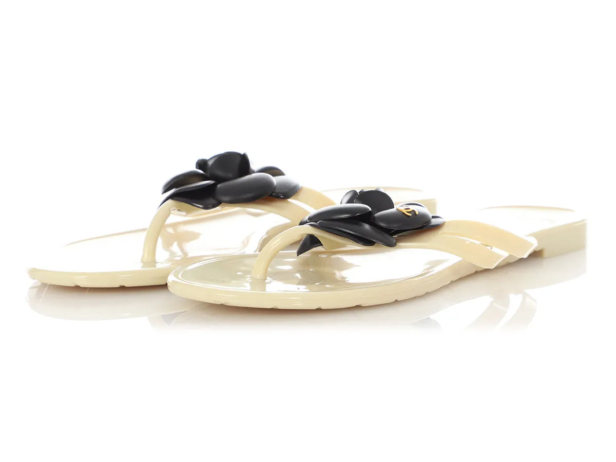 Chanel Cream Jelly Camellia Flower Thong Sandals Adjustable loop