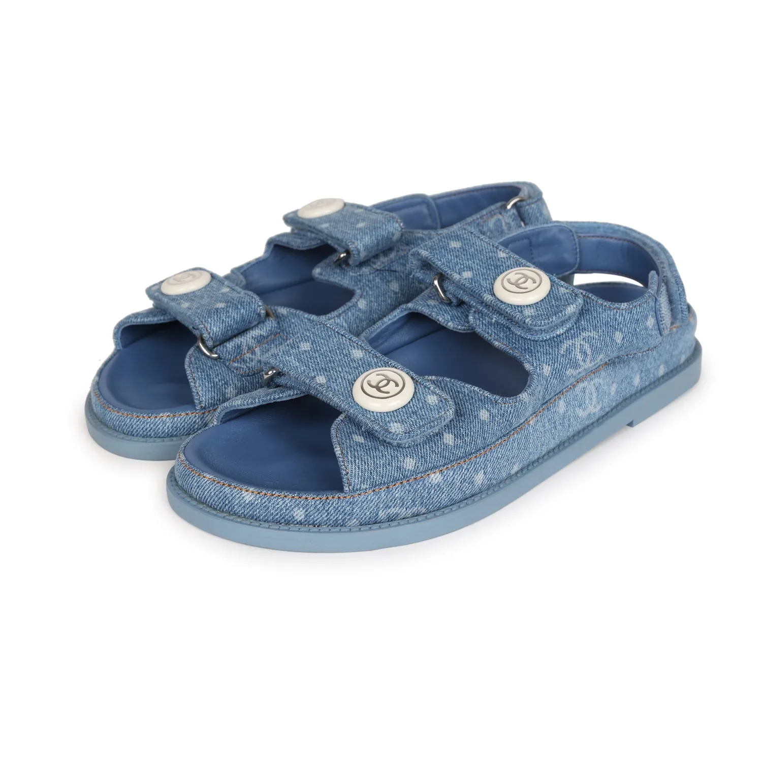 Chanel Dad Sandals Blue Denim Silver Hardware 38 EU Classic Heels