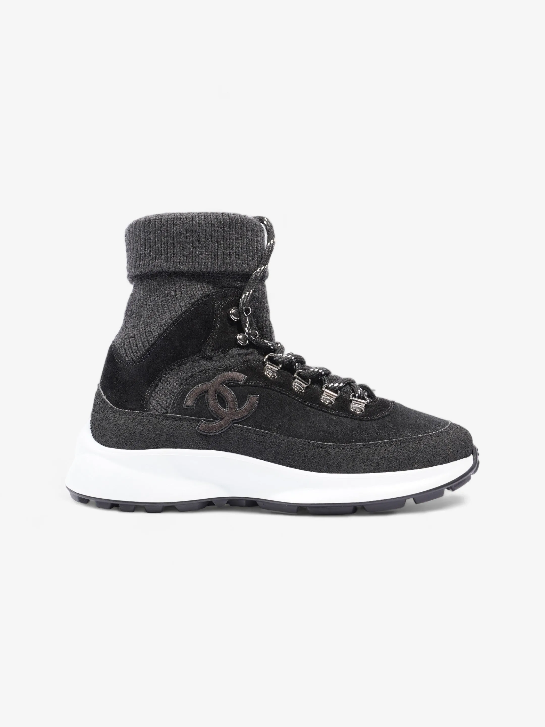 Chanel Interlocking CC Logo High Top Sneaker Black / Dark Grey Knit EU 38 UK 5 Micro Cushion Layers