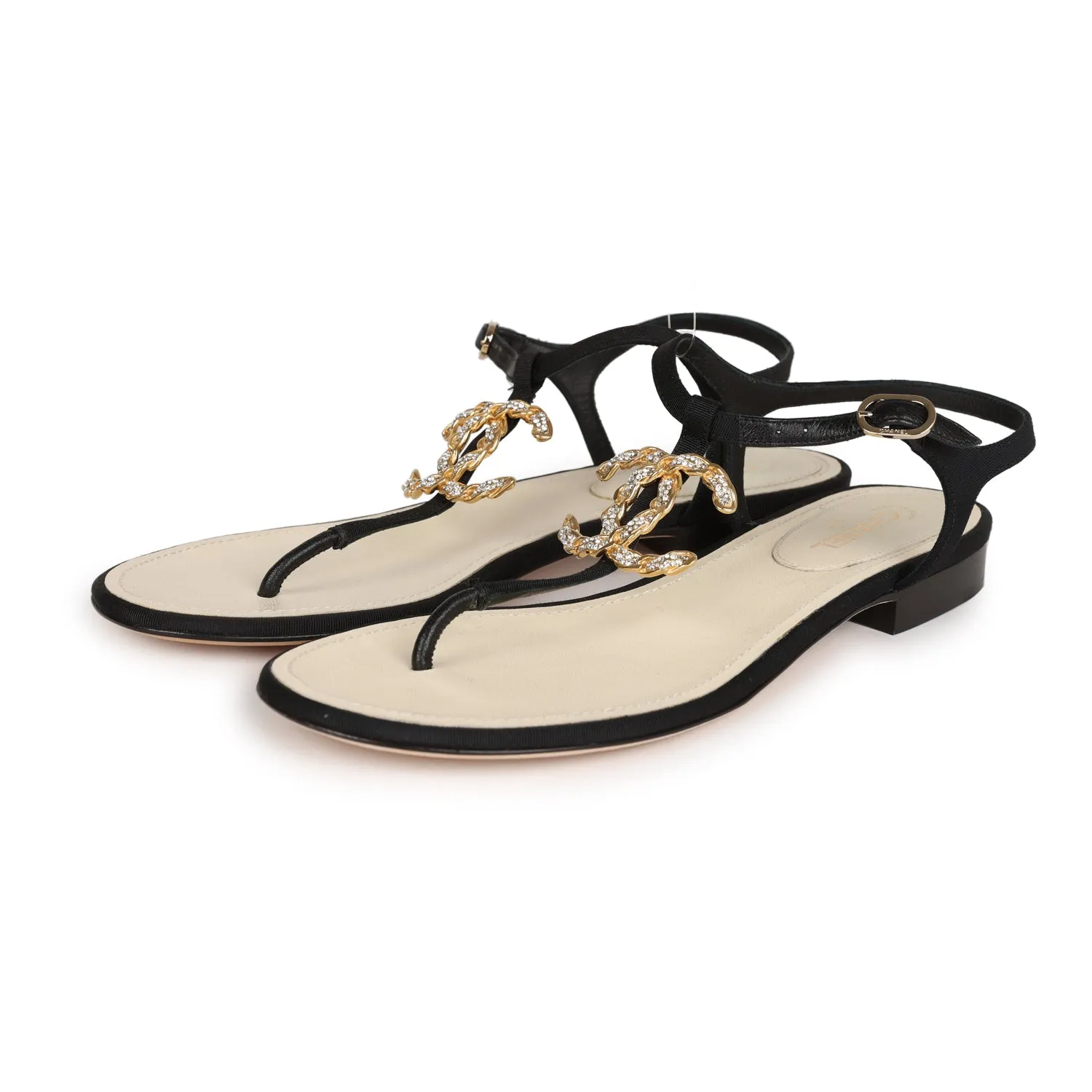 Chanel Jeweled CC Thong Sandals 37 EU Heeled Comfort