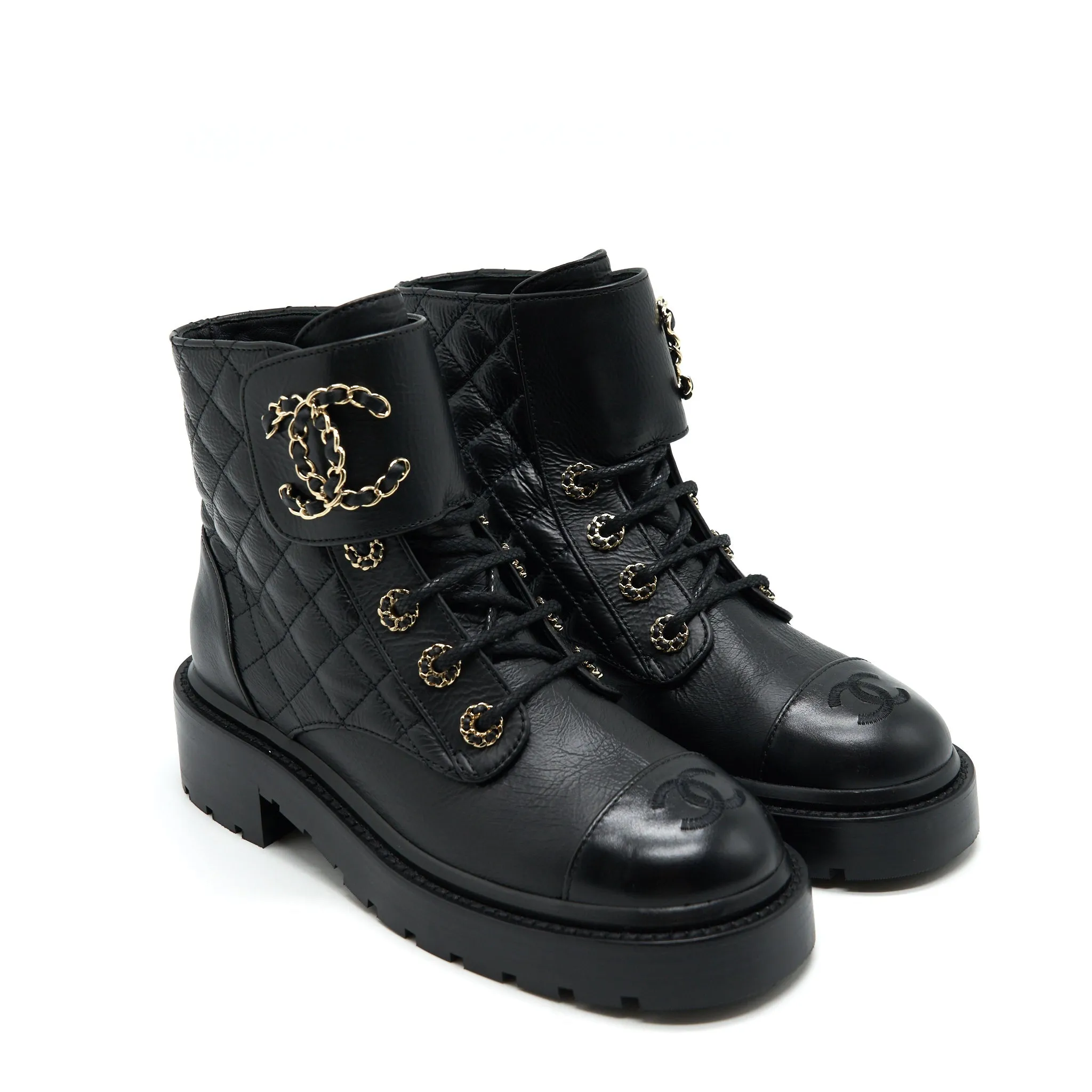 CHANEL LEATHER LACE UP BOOTS BLACK SIZE35 Grip tech