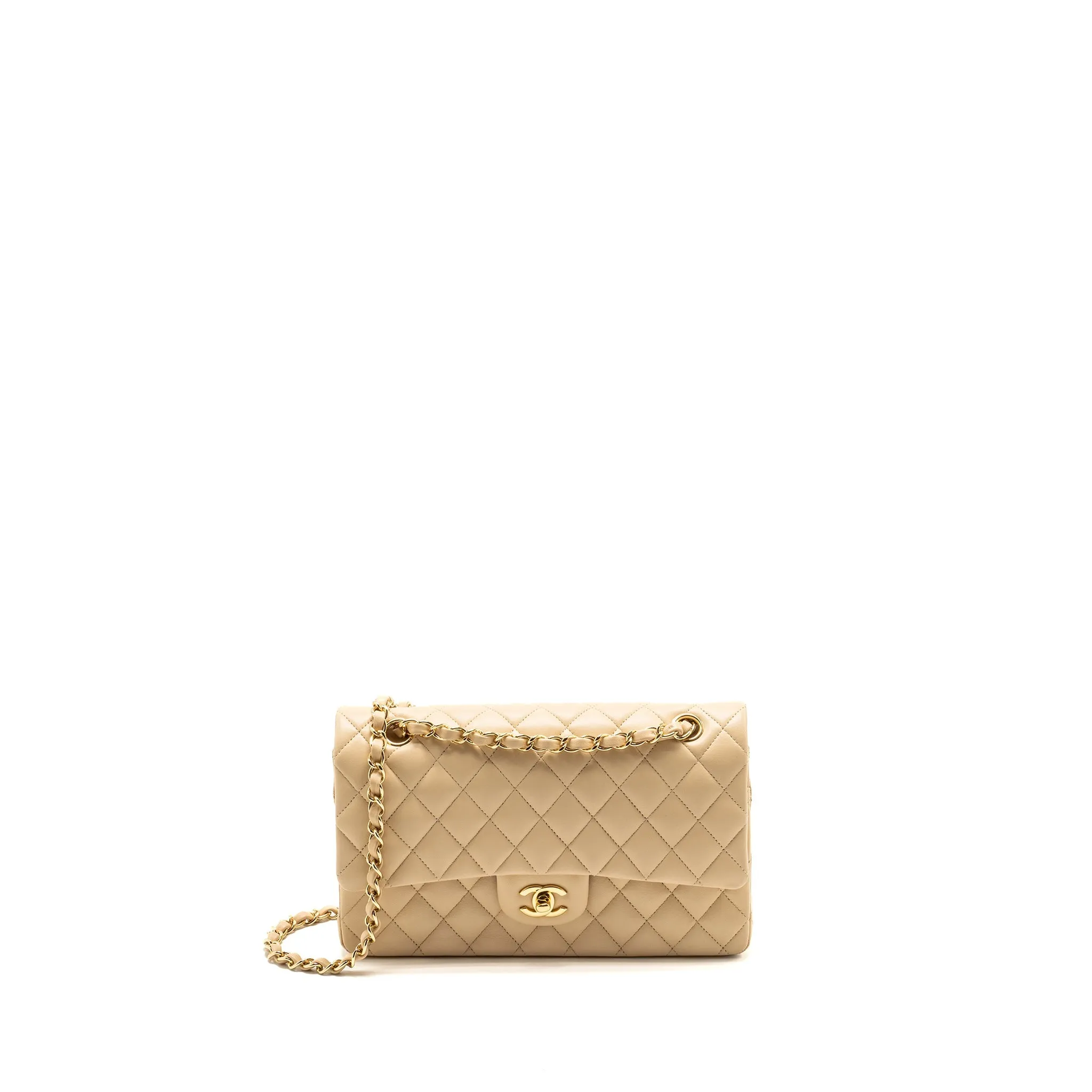 Chanel Medium Classic Double Flat Bag Lambskin Beige Shock Absorbent