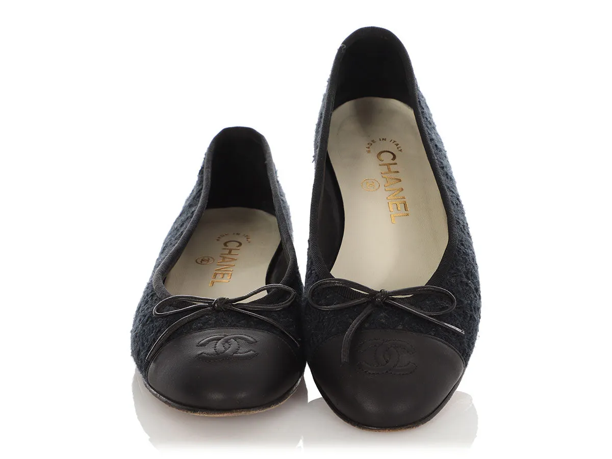 Chanel Navy Tweed Ballet Flats Neutral Style