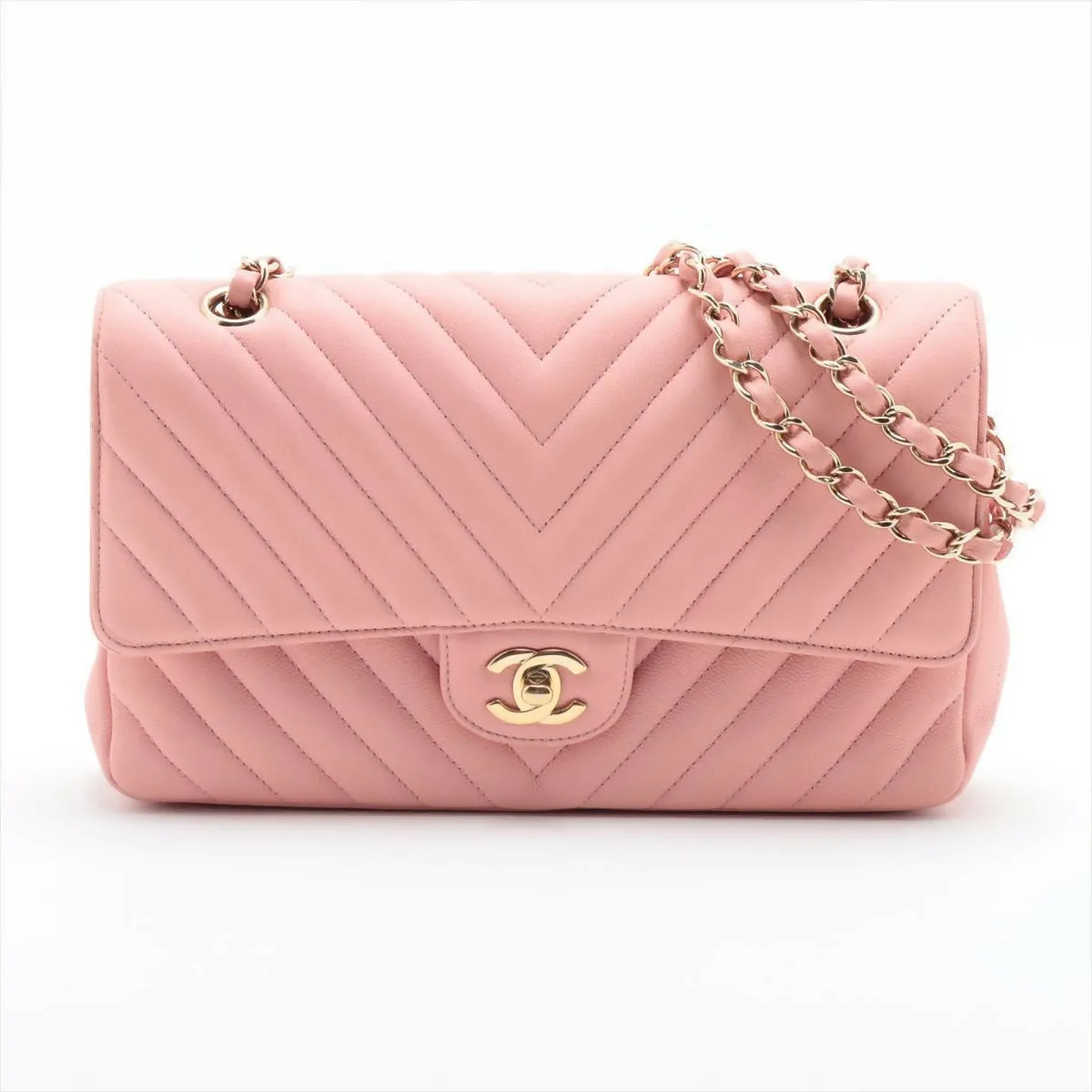 Chanel Pink Caviar Flat Chevron Quilted Medium Double Flap Bag Foldable Travel