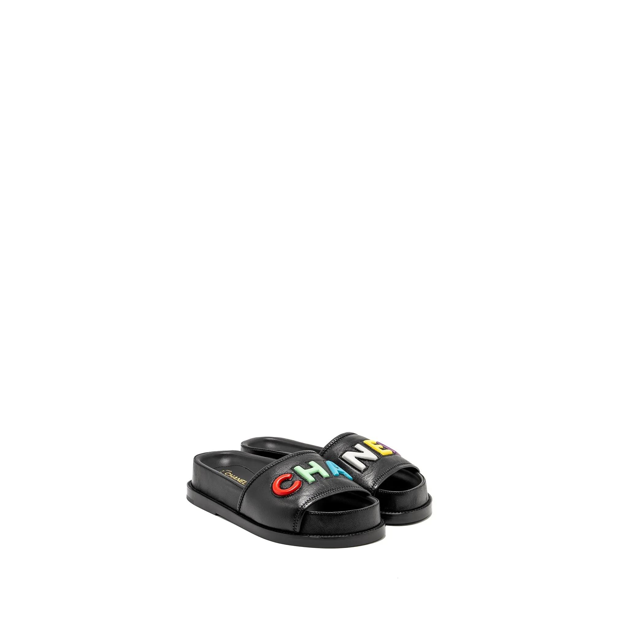 Chanel Size 35 Logo Letters Sandals/Mules Lambskin Black/ Multicolour Comfortable Yet Durable