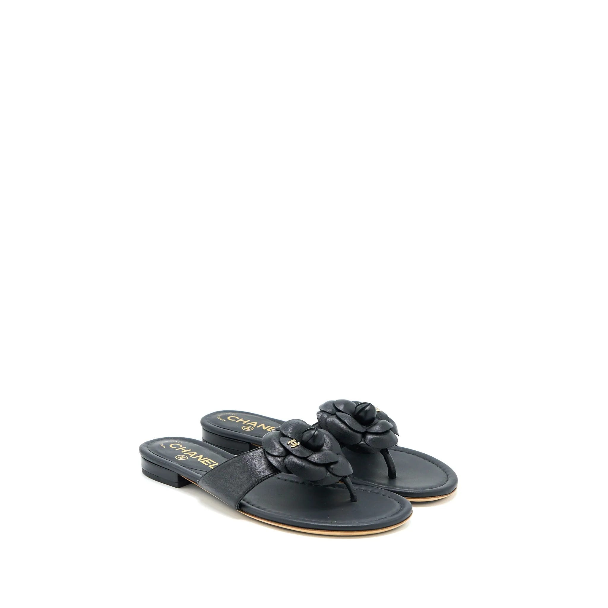 Chanel Size 36 Camelia Sandal Black Gold Tone Strapped Sandals