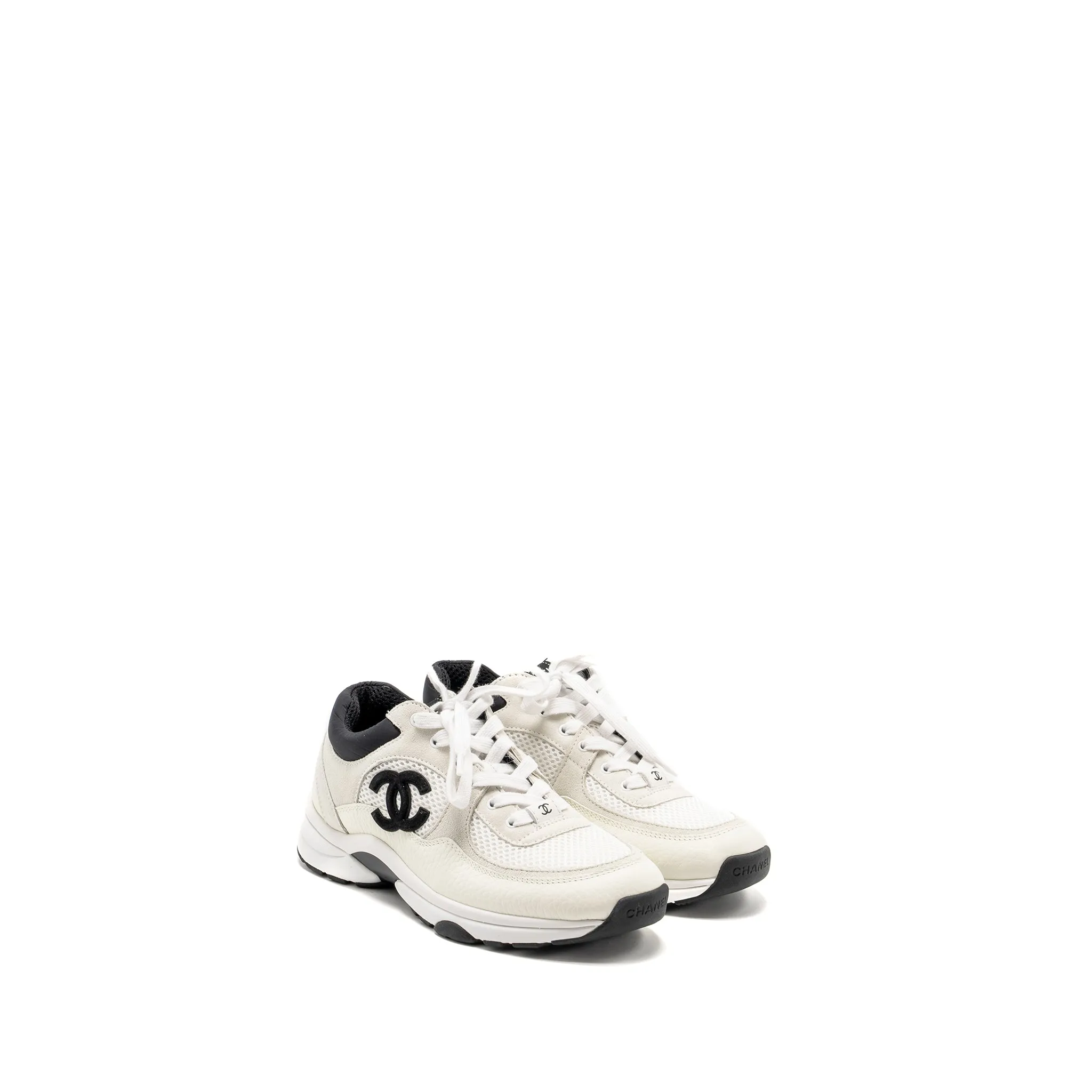 Chanel Size 36.5 CC Logo Sneaker Suede/Calfskin White/Black Flex Fit Panels