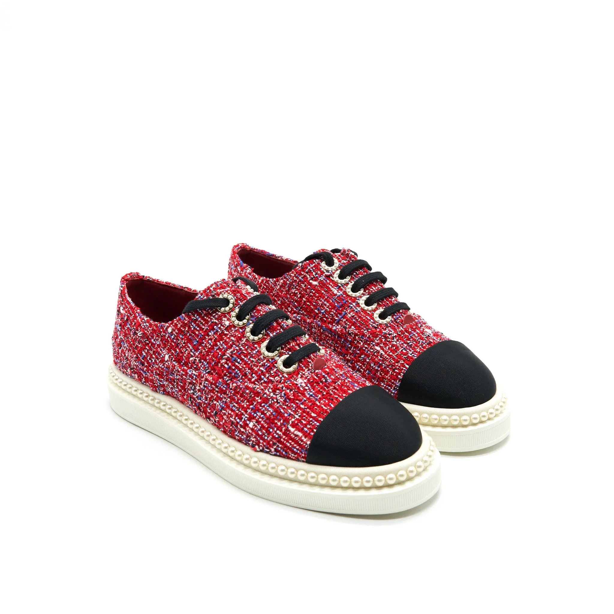Chanel Size 36.5 Tweed Lace-Up Pearl Flats Red Ballet Inspired