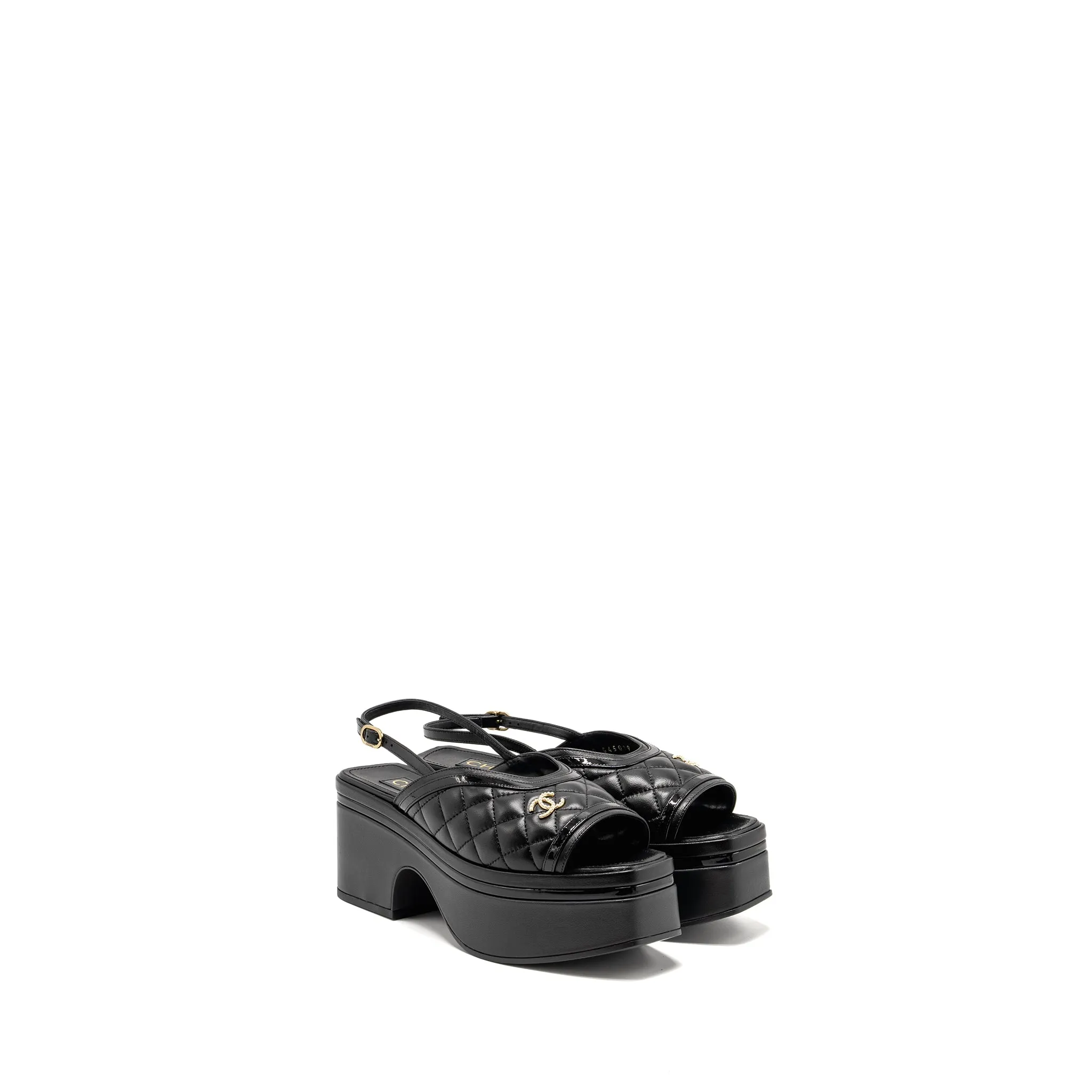 Chanel Size 37 23A Platform Sandals/Slingback Quilted Lambskin Black Stylish High Heels