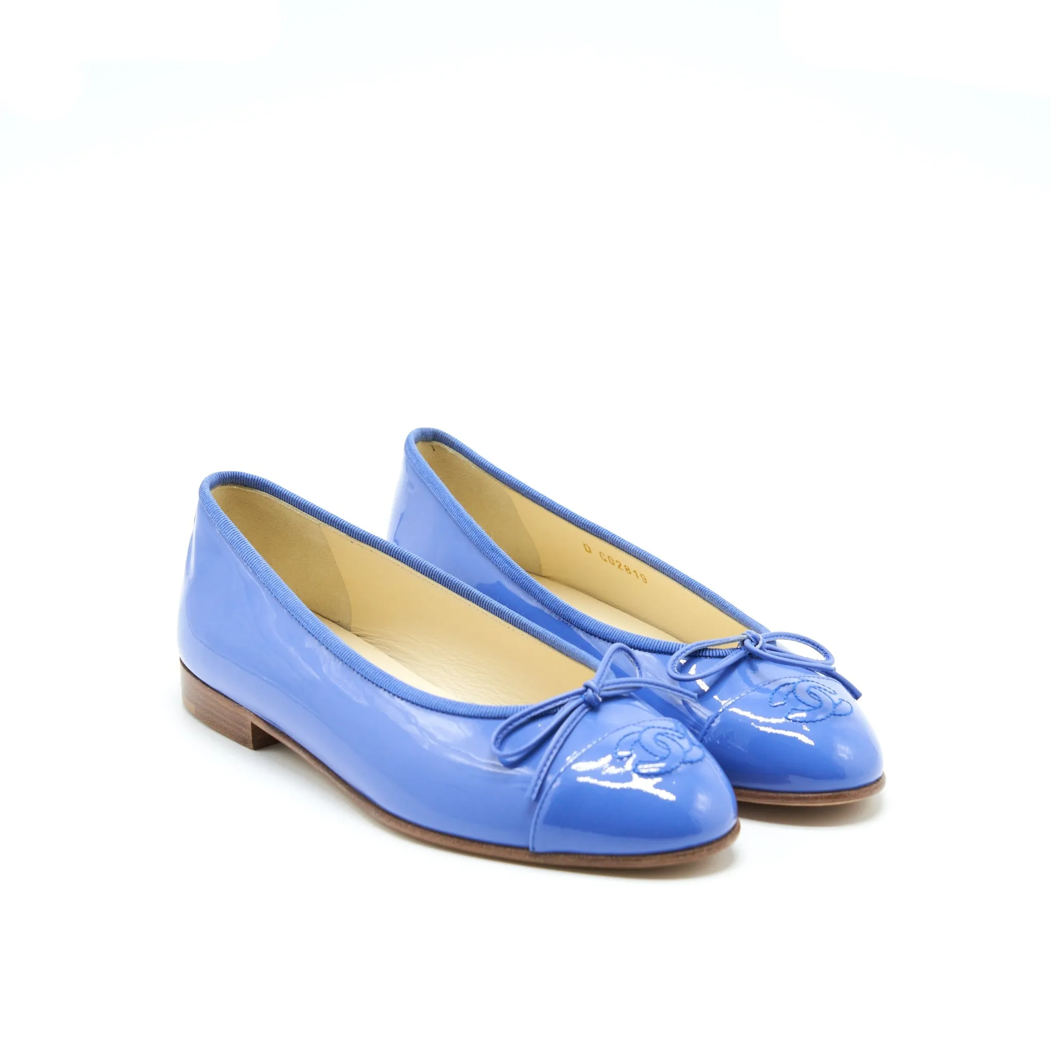 Chanel Size 37 Cap Toe Ballerina Flats Patent Calfskin Blue Airy Feel