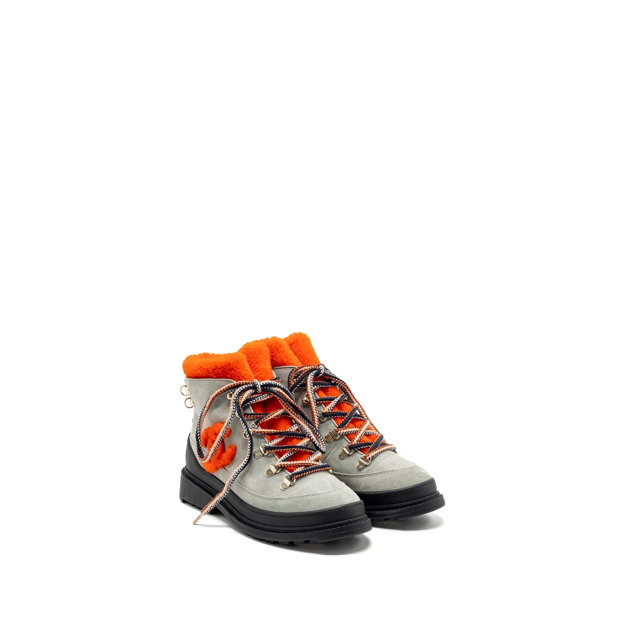 Chanel size 37 Lace up boots suede leather / shearling grey / orange Flex Grip