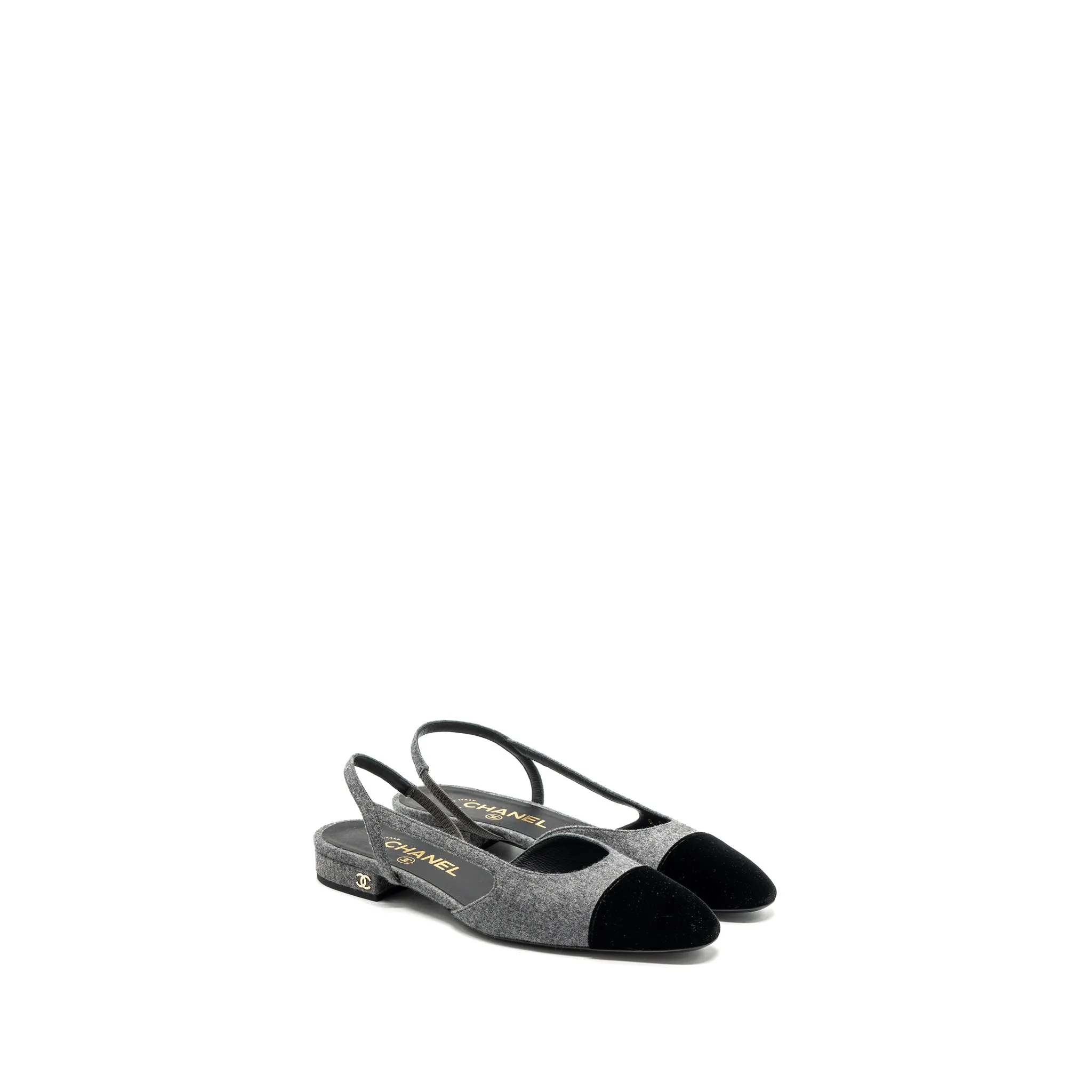 Chanel Size 37 Sling Back Flat Shoes Felt/Velvet Grey/Black windproof