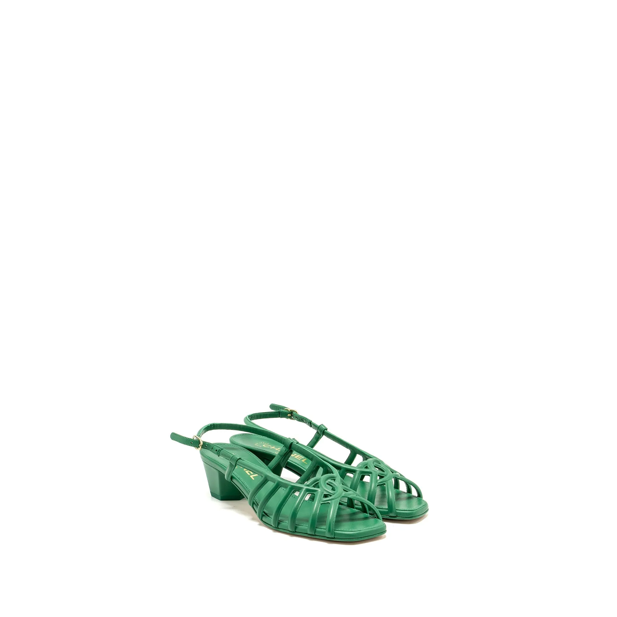 Chanel Size 37.5 22B CC Logo Sandals Lambskin Green Statement Sandal Heels