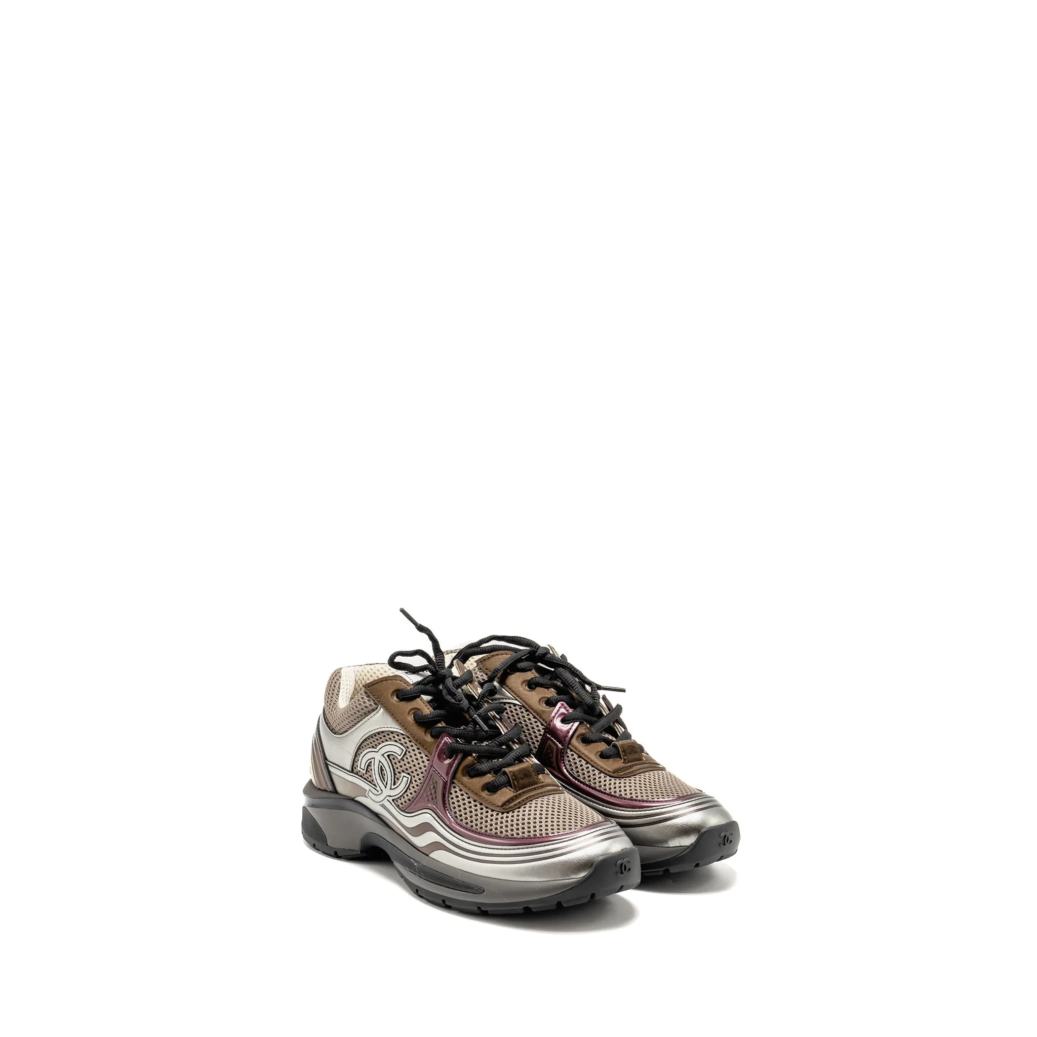 Chanel Size 38 23A CC Logo Sneakers Fabric/Laminated Khaki/Silver/Dark Purple Maximum Support